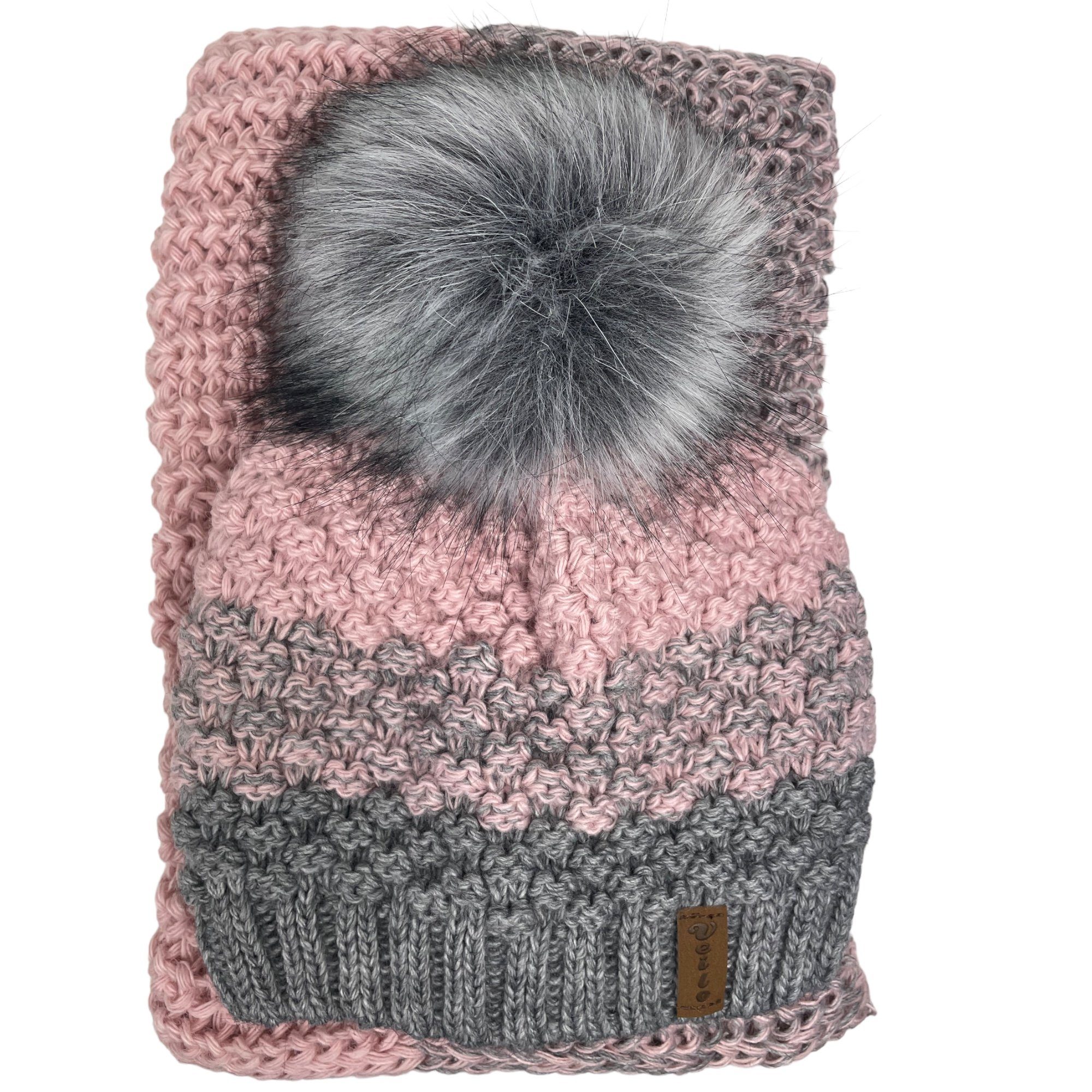 Taschen4life Bommelmütze Damen Mütze & Schal Set 36.64 (2 teilig, gestrickte Beanie mit großem Bommel & Loop Strickschal) locker gestrickt, mit großem Bommel