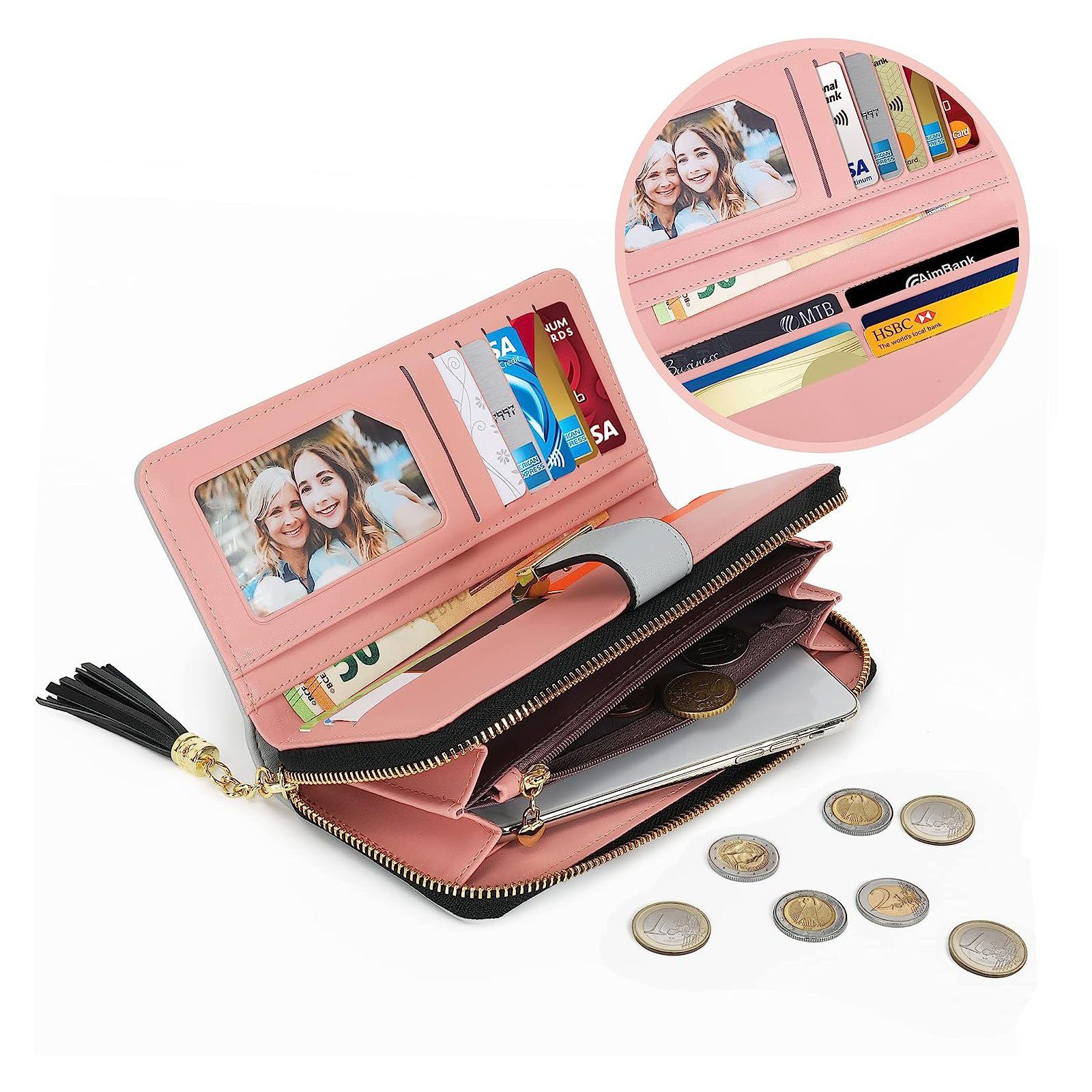 REDOM Geldbörse Damen Handytasche Portemonnaie Portmonee Geldbeutel Weich Leder Lang (Frauen Handtasche Ledergeldbörse Brieftasche mit 12 Kartenfächer, Slim Wallet, Kreditkartenetui, Kartenetui, Kartenhalter), NFC RFID-Schutz mit Münzfach Groß 19,5 x