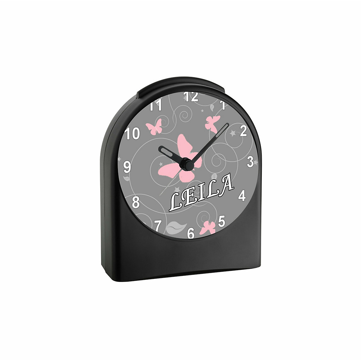 Kinder Funkwecker personalisiert mit Namen Schmetterling Ornamente Atom-/Funkuhr, 12-Stunden-Anzeigeformat, Schlummerfunktion, Nachtlicht, Geräuschlos/Ohne Ticken