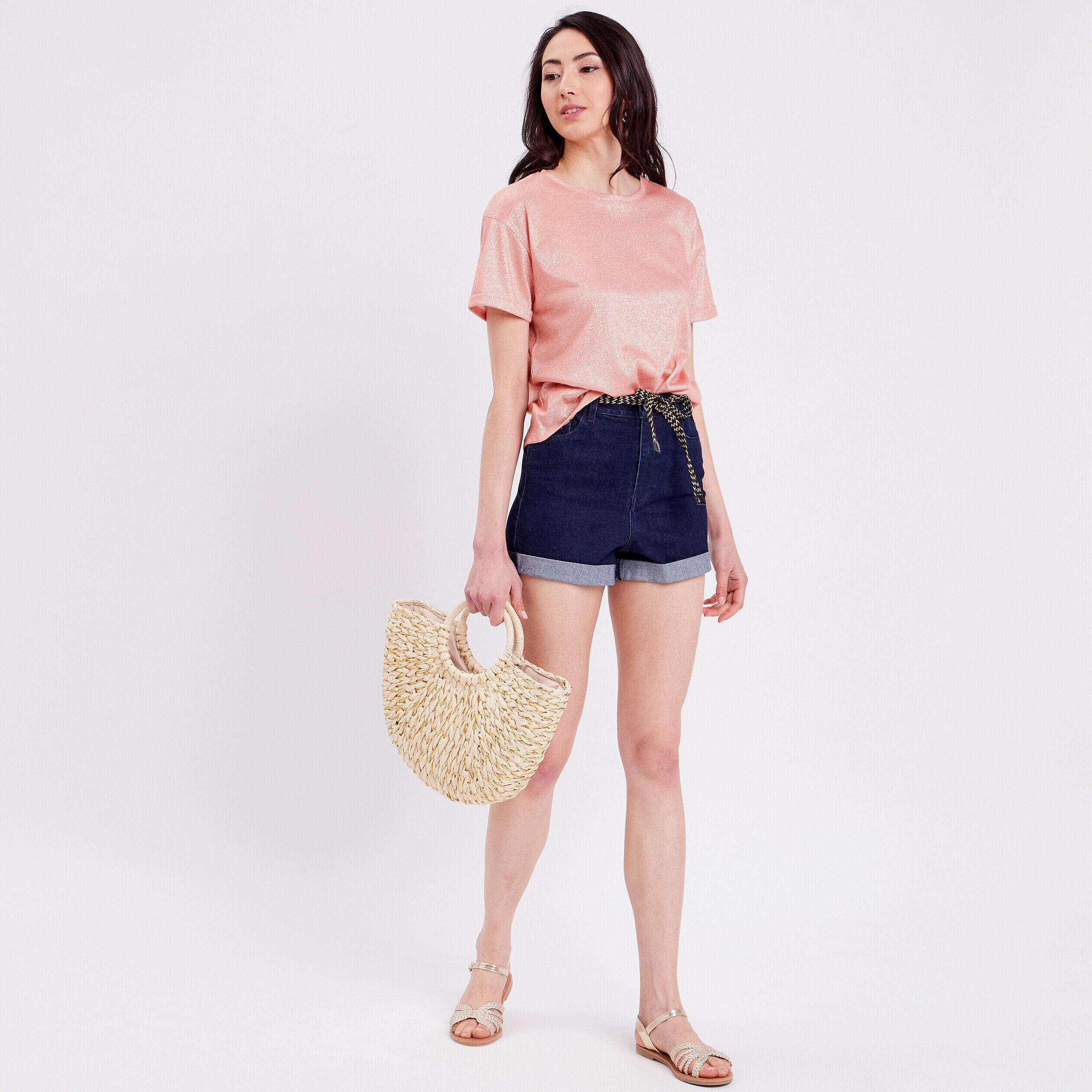 T-shirt fluide fils métallisés rose saumon femme | Cache Cache