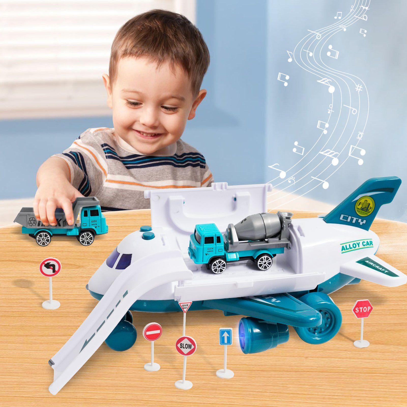 BeebeeRun Spielzeug-Flugzeug DIY Flugzeug Spielset mit Fahrzeugen Lernspielzeug Set, (Transportflugzeug mit simuliertem Abgas-Effekt - Sprüheffekt mit Wasseraufnahme & 2 Lastwagen)