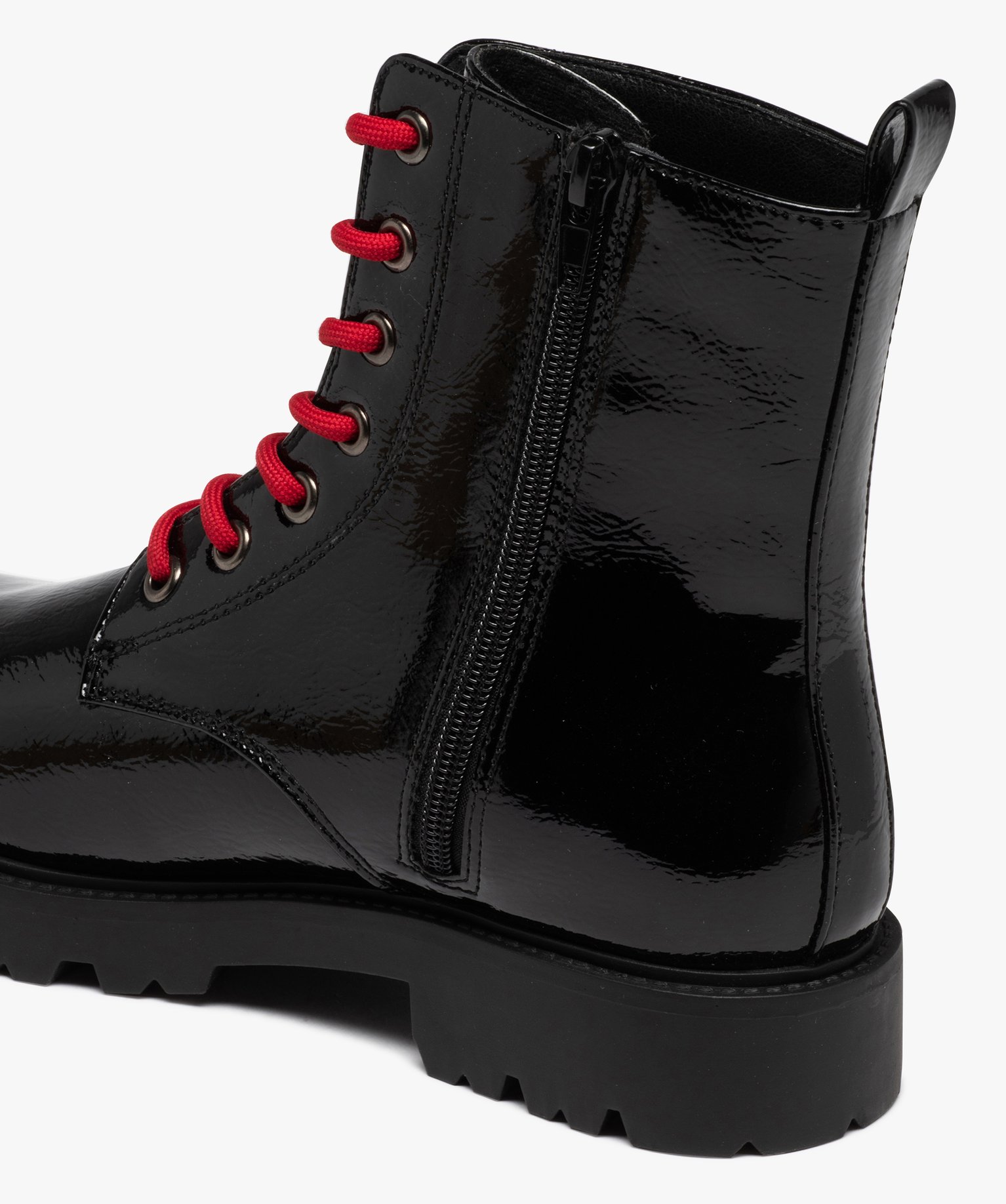 Boots femme mid-cut dessus uni verni à lacets colorés noir | GEMO