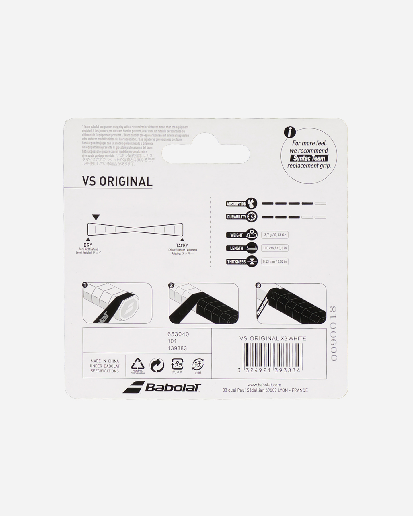 Grip Tennis Babolat vs Original Wht 653040-101