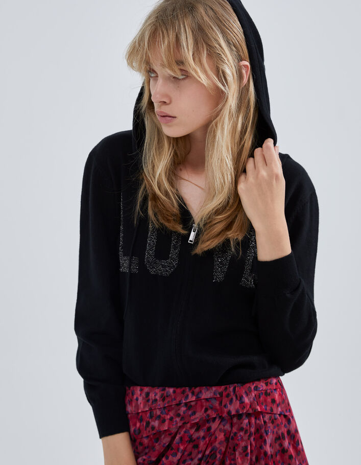 Cardigan noir tricot jacquard message devant dos Femme