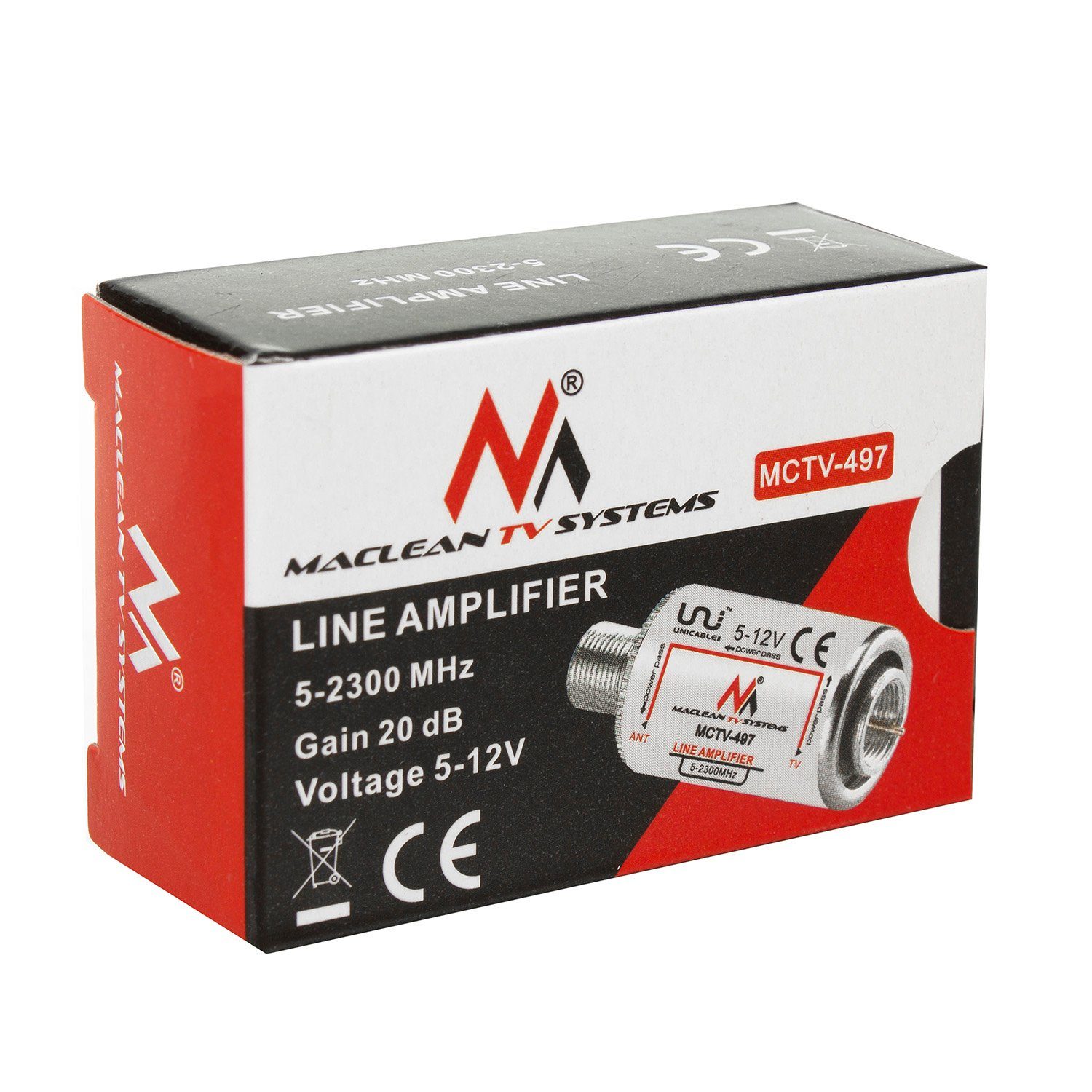 Maclean MCTV-497 Verstärker (Antennenverstärker für TV-Signale DVB-T und DVB-T2, 20dB, 5-2300 MHz)