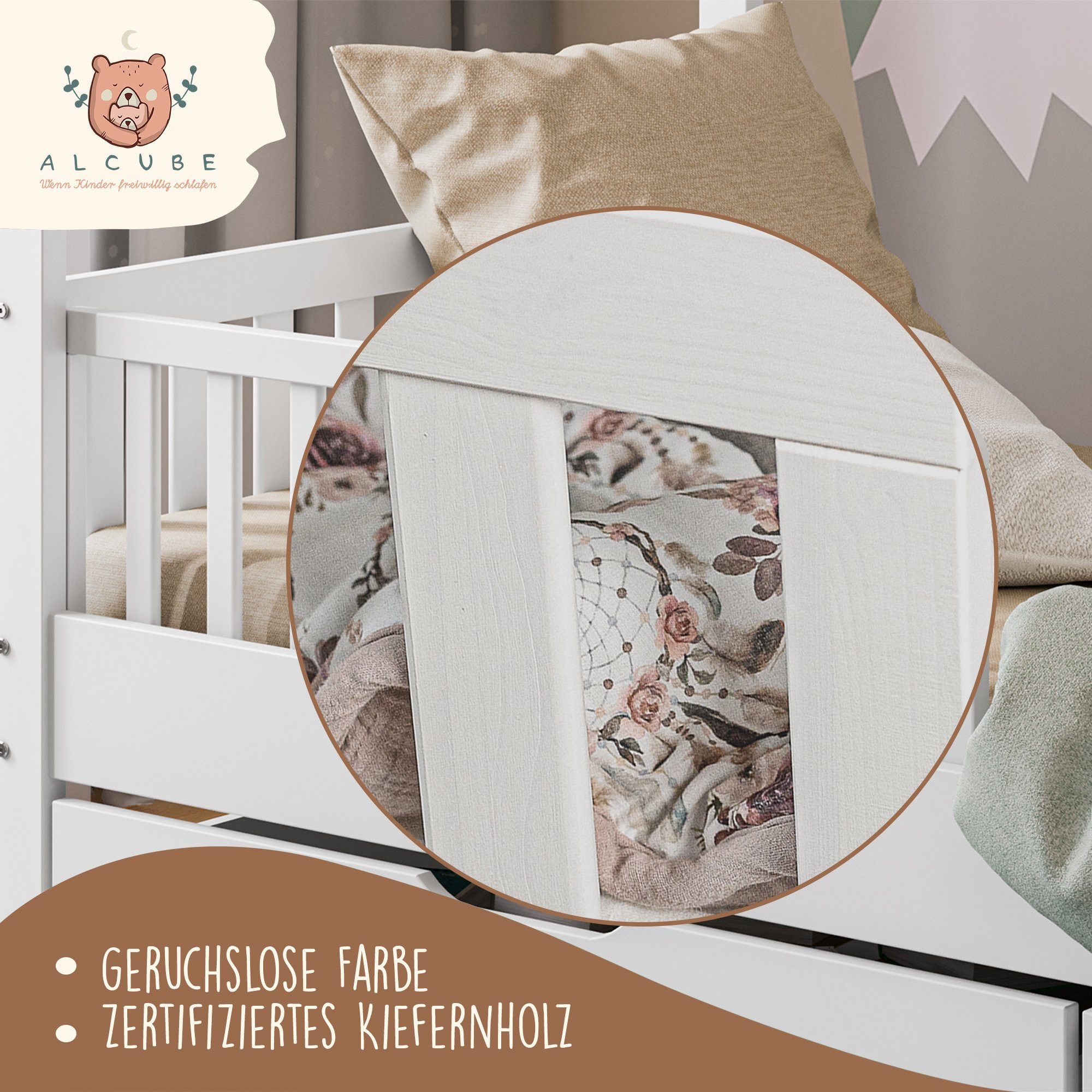 Alcube Bettschutzgitter für Kinder aus Kiefernholz I GRATIS Lieferung (90x36 cm Bettgitter in weiß I kombinierbar mit dem Elternbett oder, Kinderbett wie Hausbett), Tipibett I verwendbar als Rausfallschutz für Bett