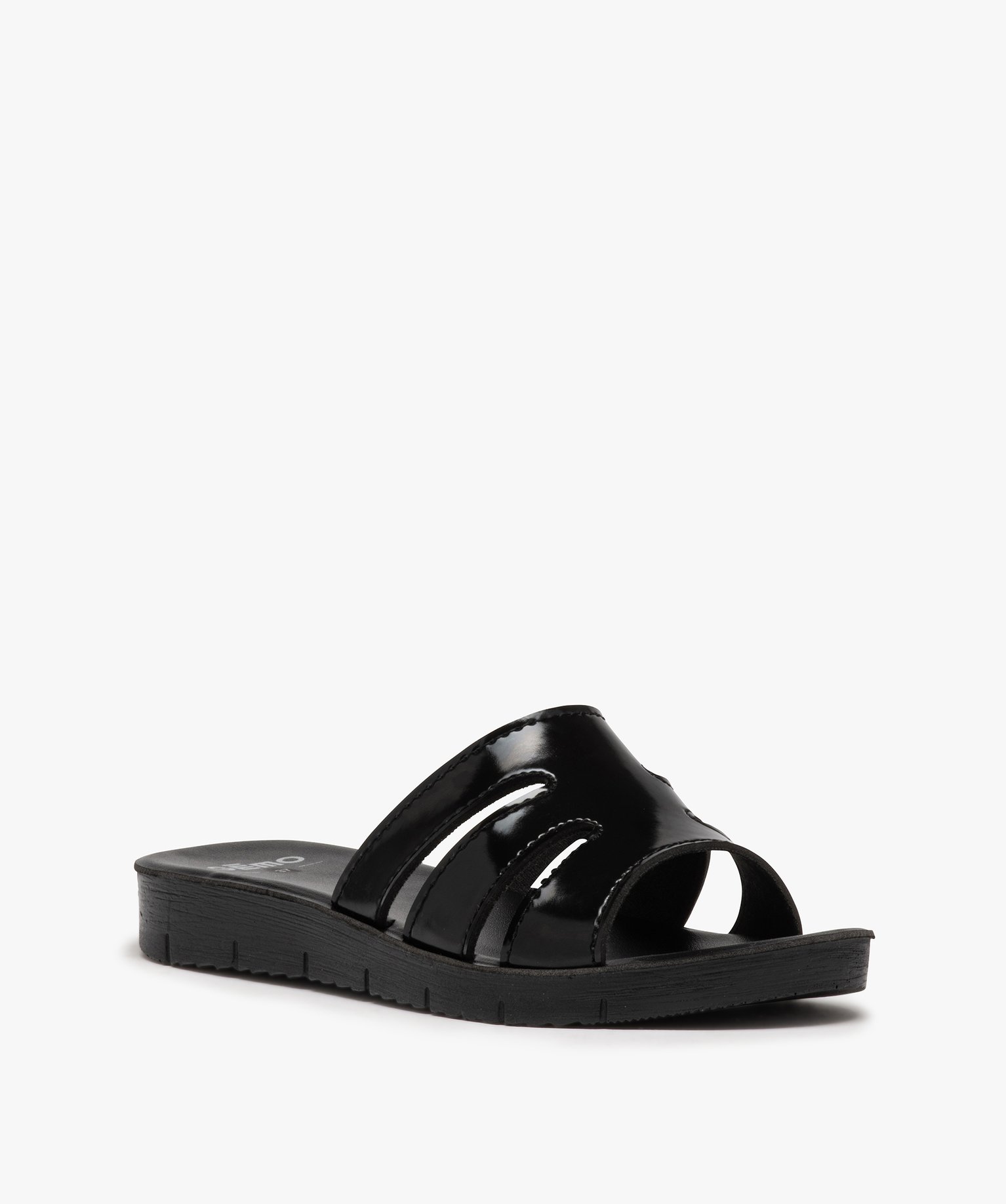 Mules femme à talon plat unies et bride vernie noir | GEMO