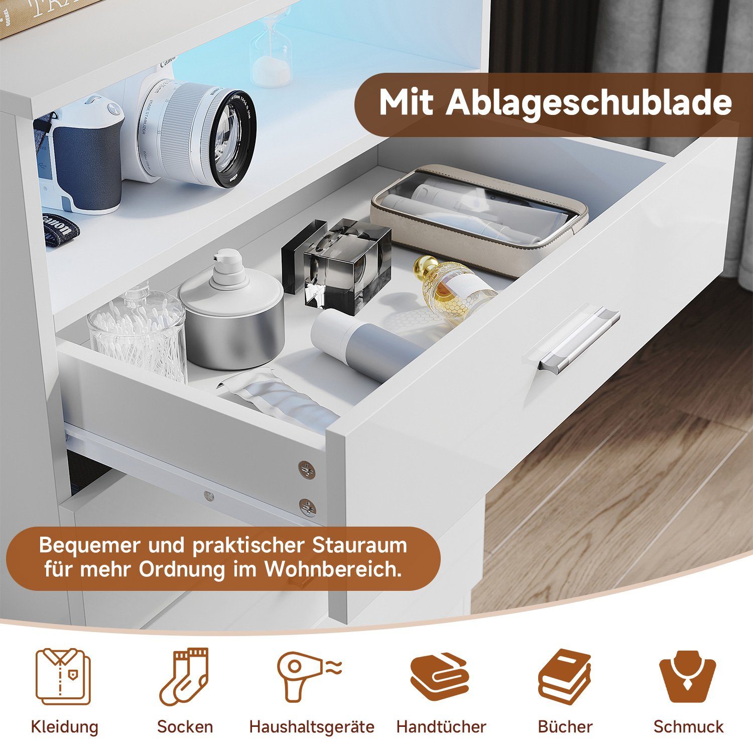 SONNI Kommode kommode Weiß,4 schubladen und offene Fächer, 60x40x83cm, Schlafzimmer Flur, Schrank, Sideboard, Highboard, mit led beleuchtung