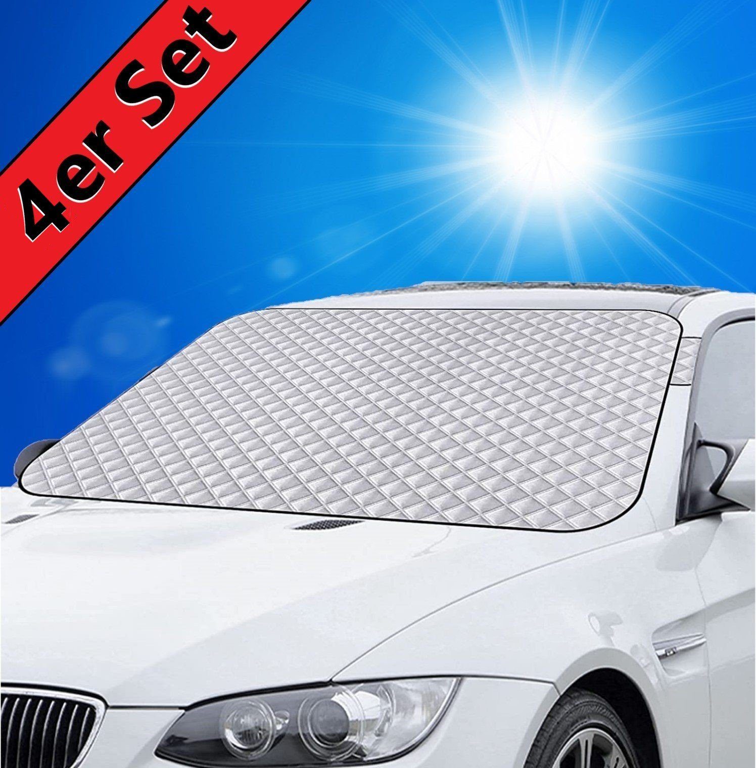 KESSMANN Autosonnenschutz Sonnenschutz Abdeckung faltbar Frontscheibe 4 Schichten 150x100cm Auto, (Set, 4-St., Inkl. Aufbewahrungstasche Frontblende Fenster Schutz Hitzeschutz), gegen Sonne Hitze UV Strahlung Staub Eis Frost Schnee strapazierfähig