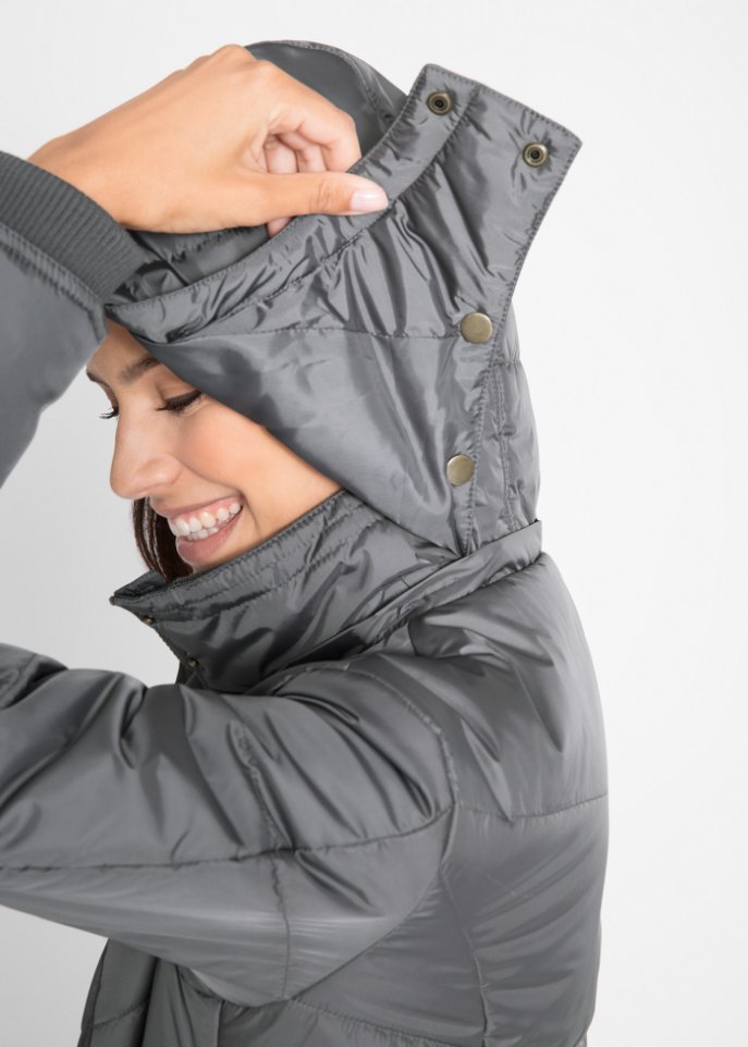 Long-Steppjacke, wattiert mit Kragen und Kapuze
