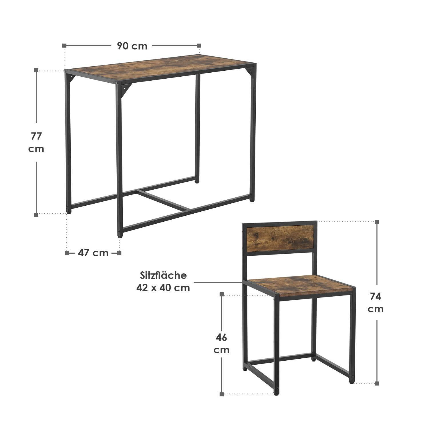 Juskys Küchentisch, 3-teilig, klein, platzsparend, für 2 Personen, Industrial Design