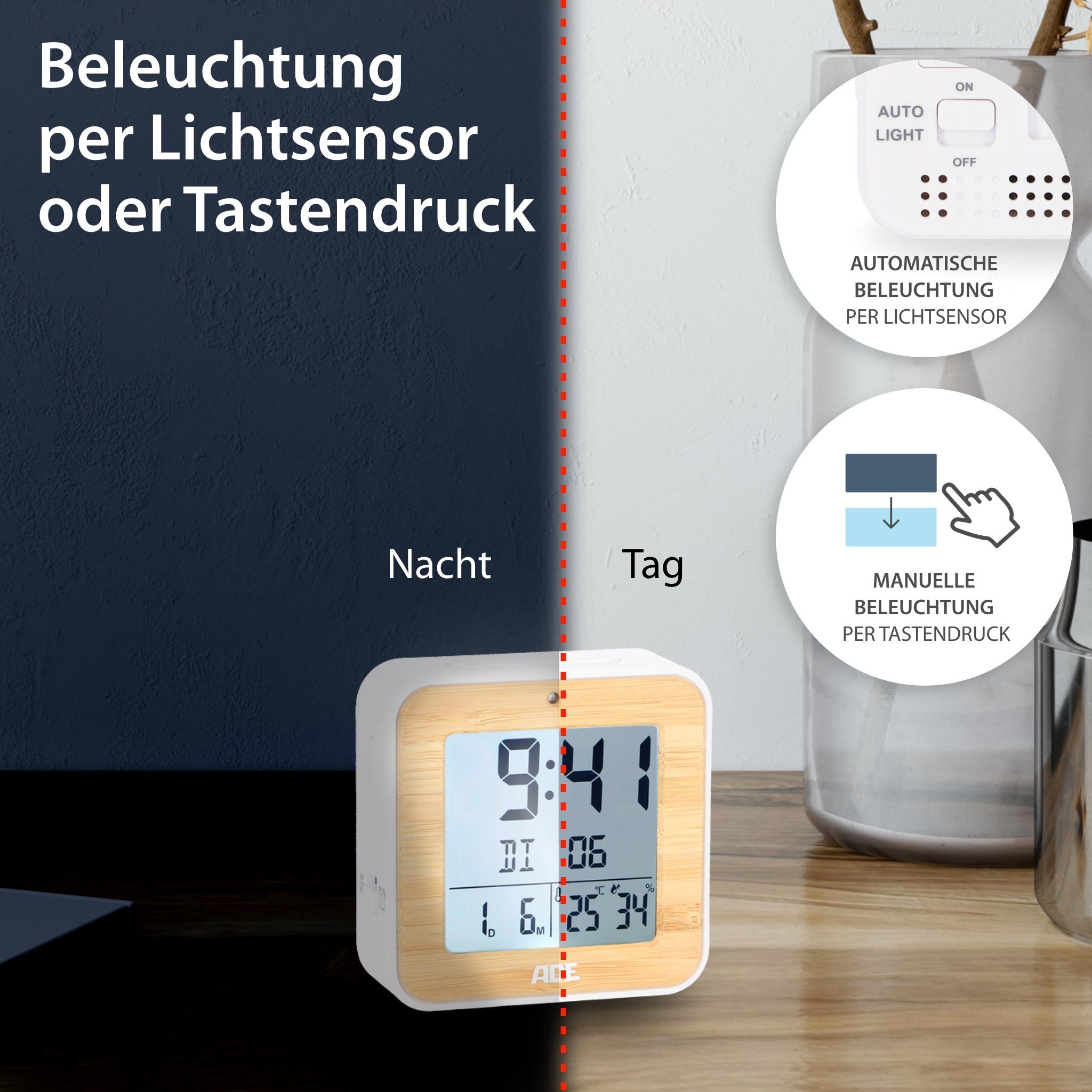 ADE Funkwecker Wecker digital funk mit Temperatur und Luftfeuchtigkeit automatischer Lichtsensor, 2 Weckzeiten, Schlummerfunktion