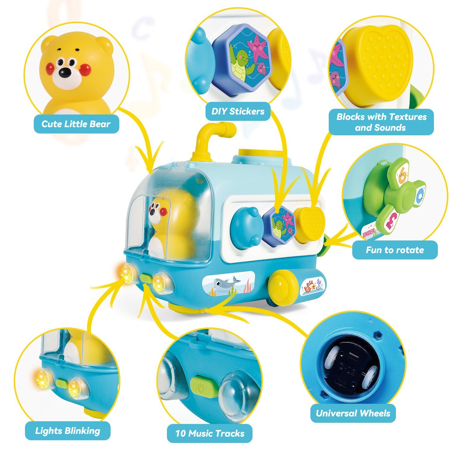 Esun Steckspielzeug Babyspielzeug ab 6 Monate, U-Boots Baby Musikspielzeug mit 10 Melodien, (Packung), Baby Montessori Sensorik Spielzeug ab 1 Jahr