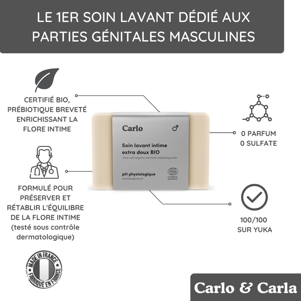 carlo & carla Soin lavant solide dédié aux parties génitales masculines certifié bio, 0 parfum Hygiène intime masculine