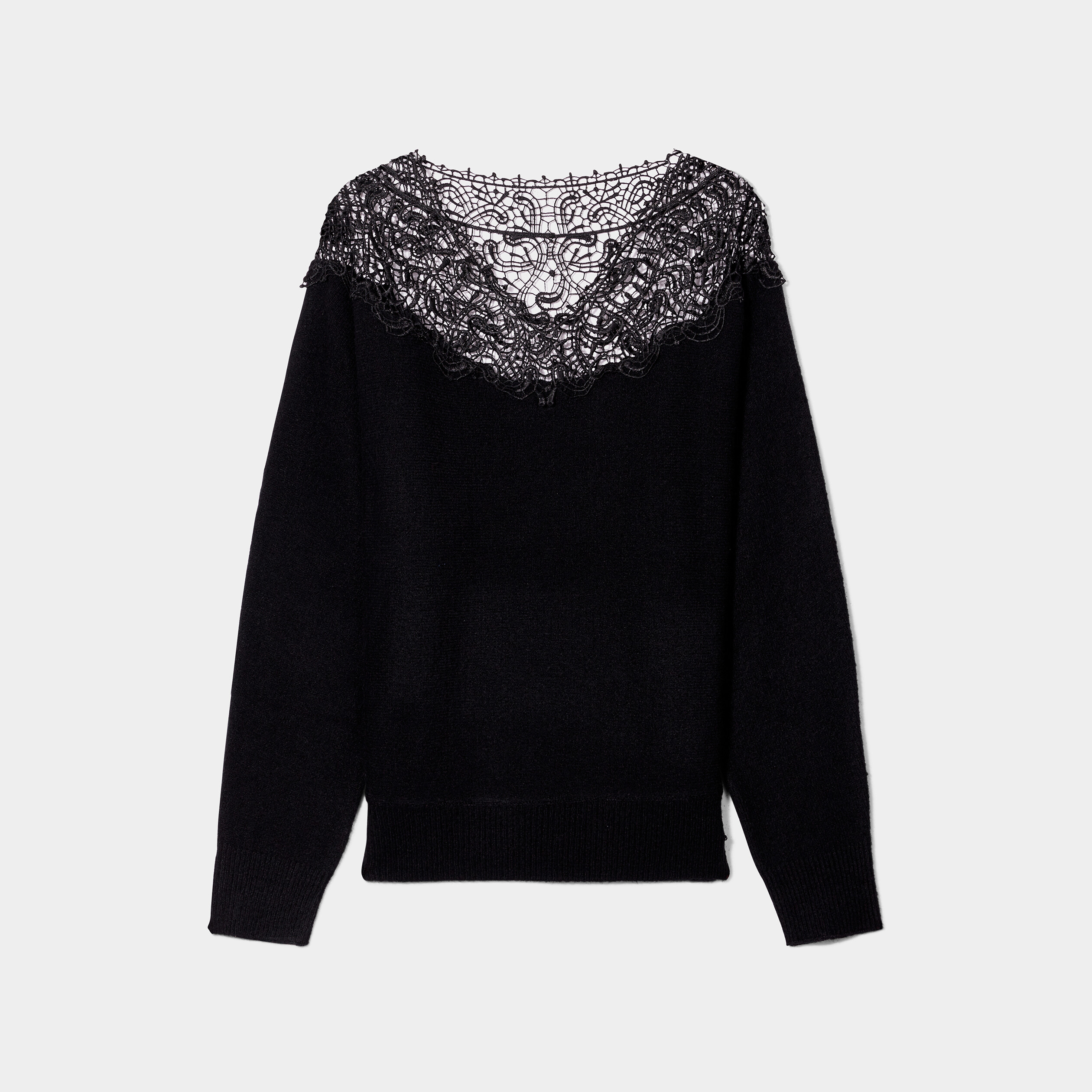 Pull manches chauve-souris col dentelle noir femme | La Halle
