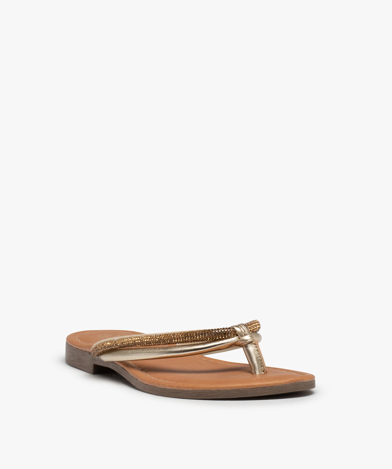 Tongs femme à talon plat et brides strass or | GEMO