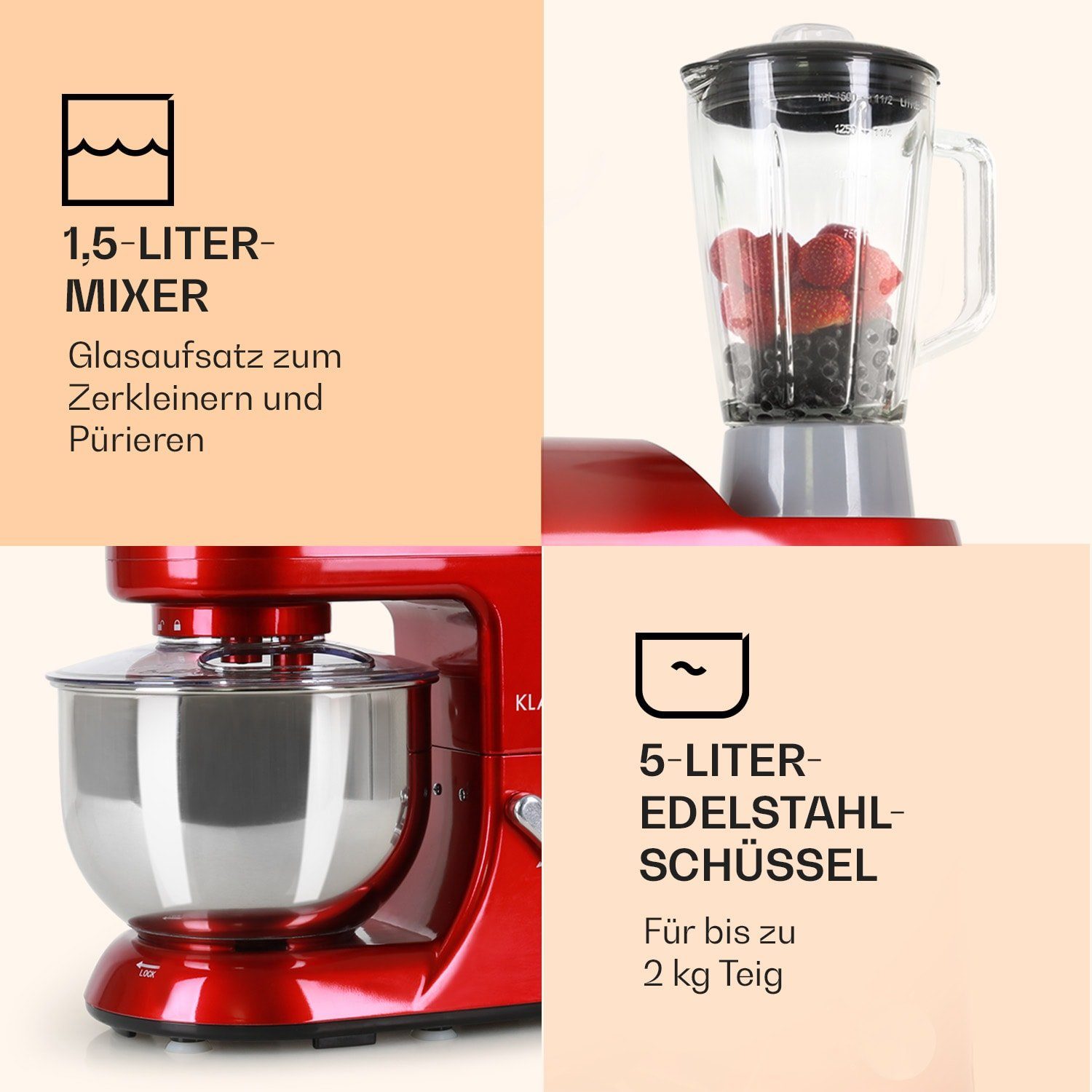 Klarstein Küchenmaschine mit Kochfunktion Lucia Rossa, 2000 W, 5.2 l Schüssel, Knetmaschine Teigmaschine Teigknetmaschine Rührmaschine Fleischwolf