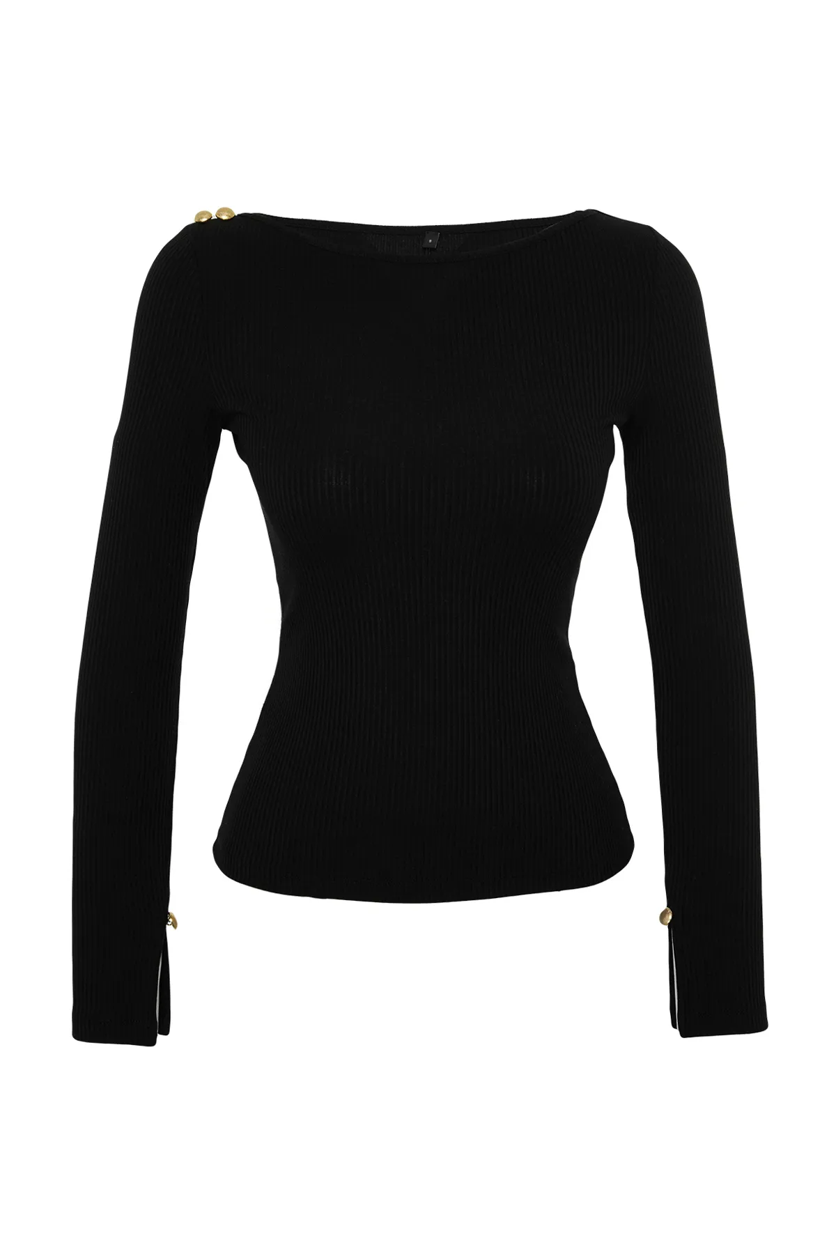 Trendyol Collection  Schwarze, gerippte, flexible, langärmlige Strickbluse mit Knopfdetail und U-Boot-Ausschnitt in normaler Passform TWOAW24BZ00052