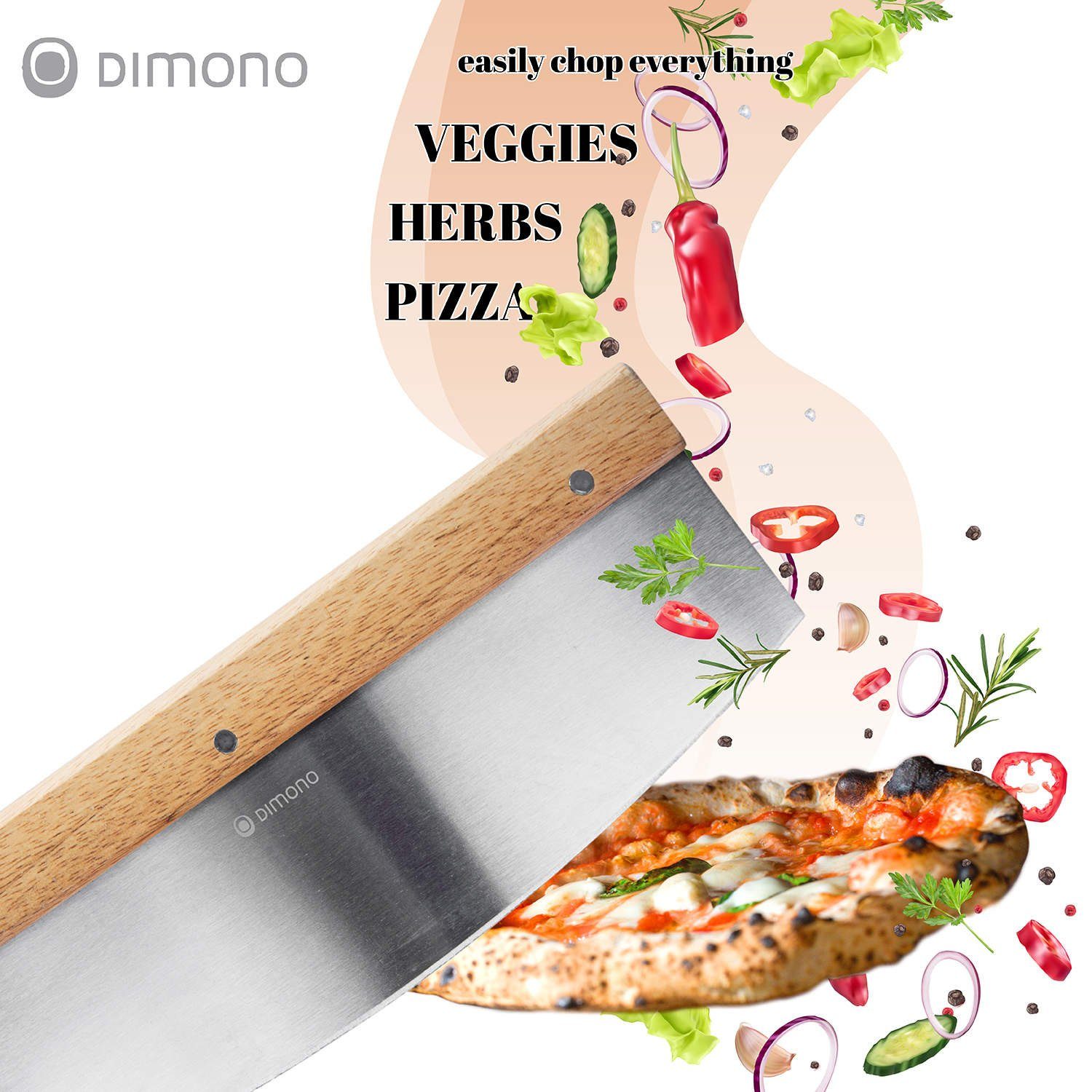 Dimono Pizzamesser Profi Pizzaschneider Wiegemesser Kräuter-Schneider Cutter mit Holz-Griff