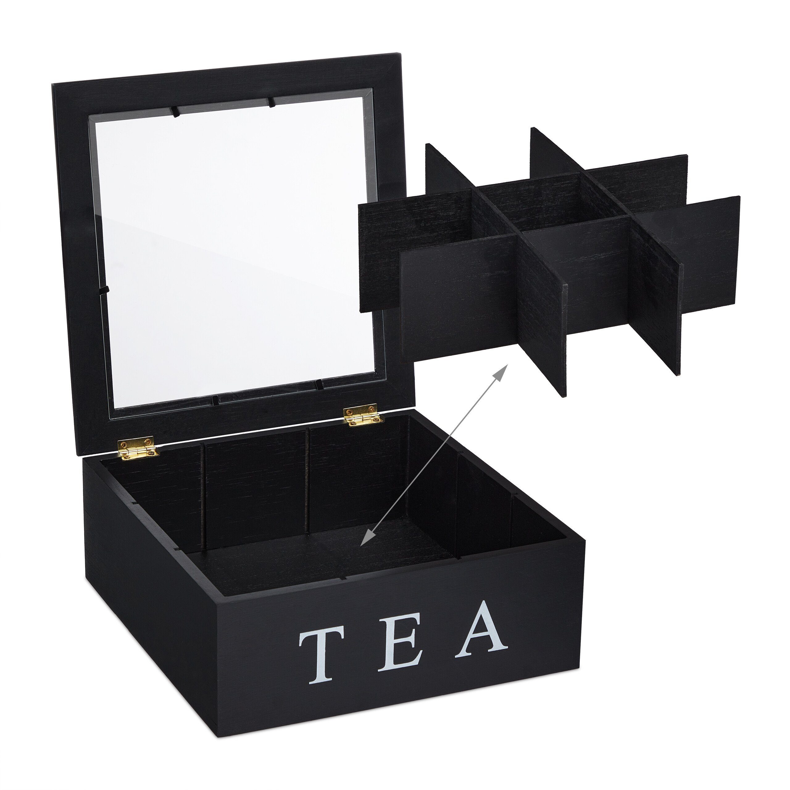 relaxdays Teebox Schwarze Teebox mit 9 Fächern, Bambus