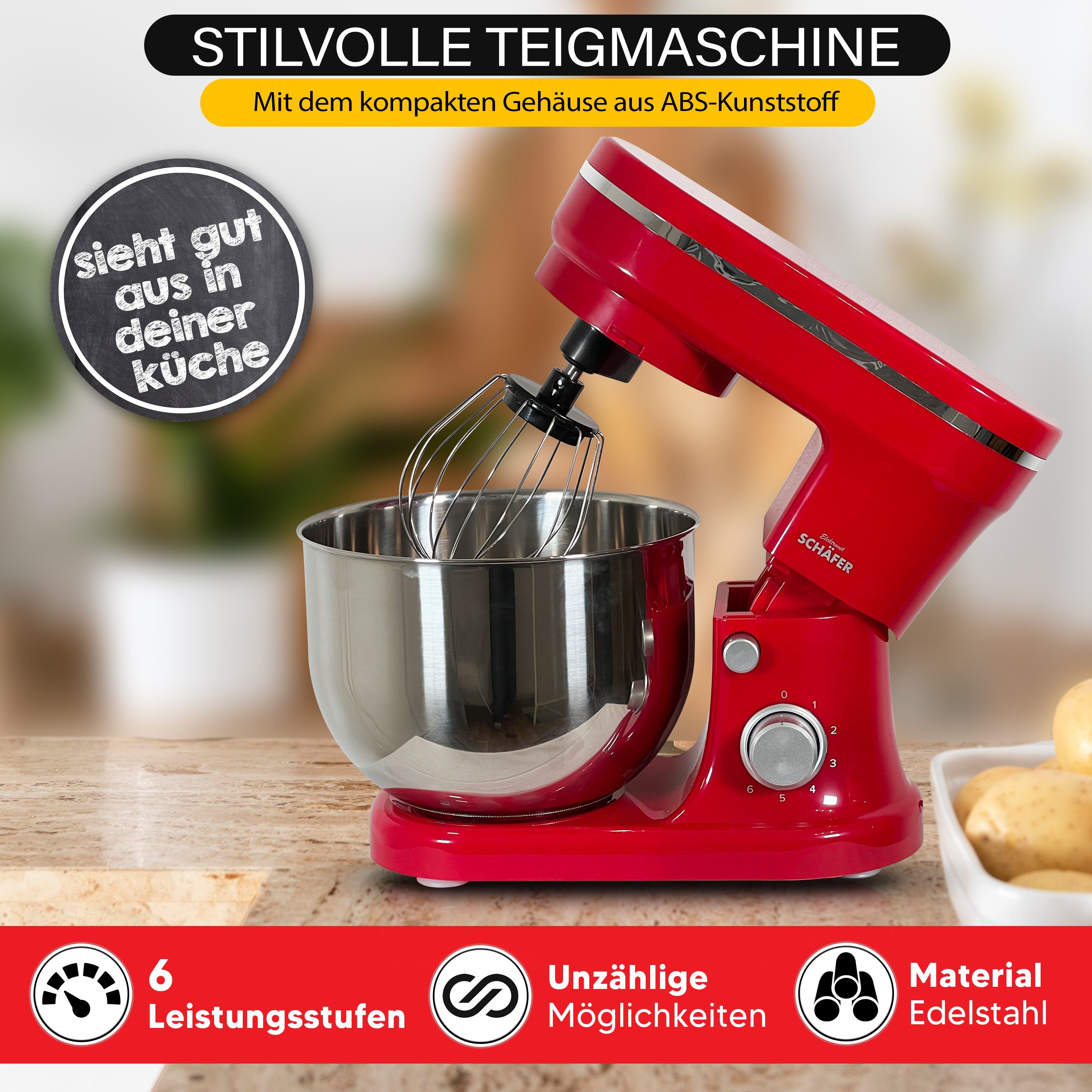 KESSMANN Schäfer Küchenmaschine 6 Stufen Edelstahl Schüssel Knetmaschine Rührgeräte & Mixer Küche, 1200 W, 5,00 l Schüssel, Inkl. 6 Zubehör Maschine für Teig Rührmaschine Knethaken Rührhaken