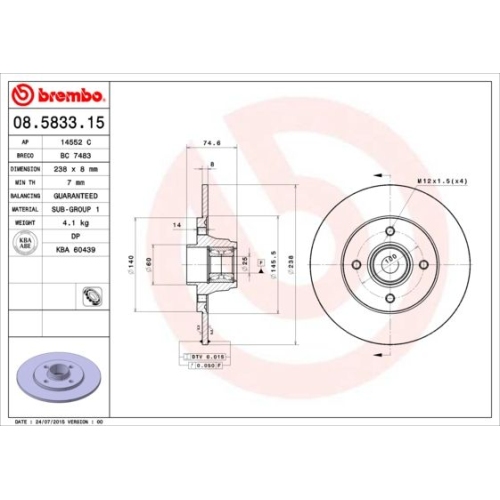 Bremsscheibe Brembo Hinterachse  1 Stück 08.5833.15 - ATU