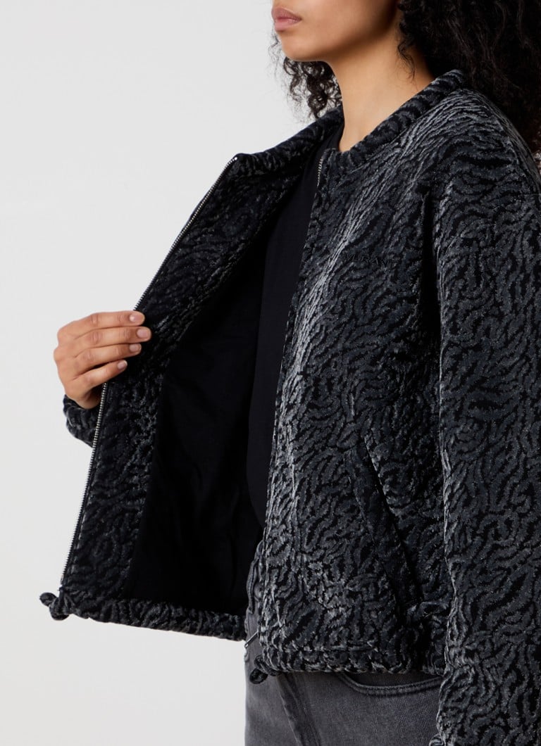 Isabel Marant Abelina dygsniuota aksominė bomber striukė su pūkų raštu