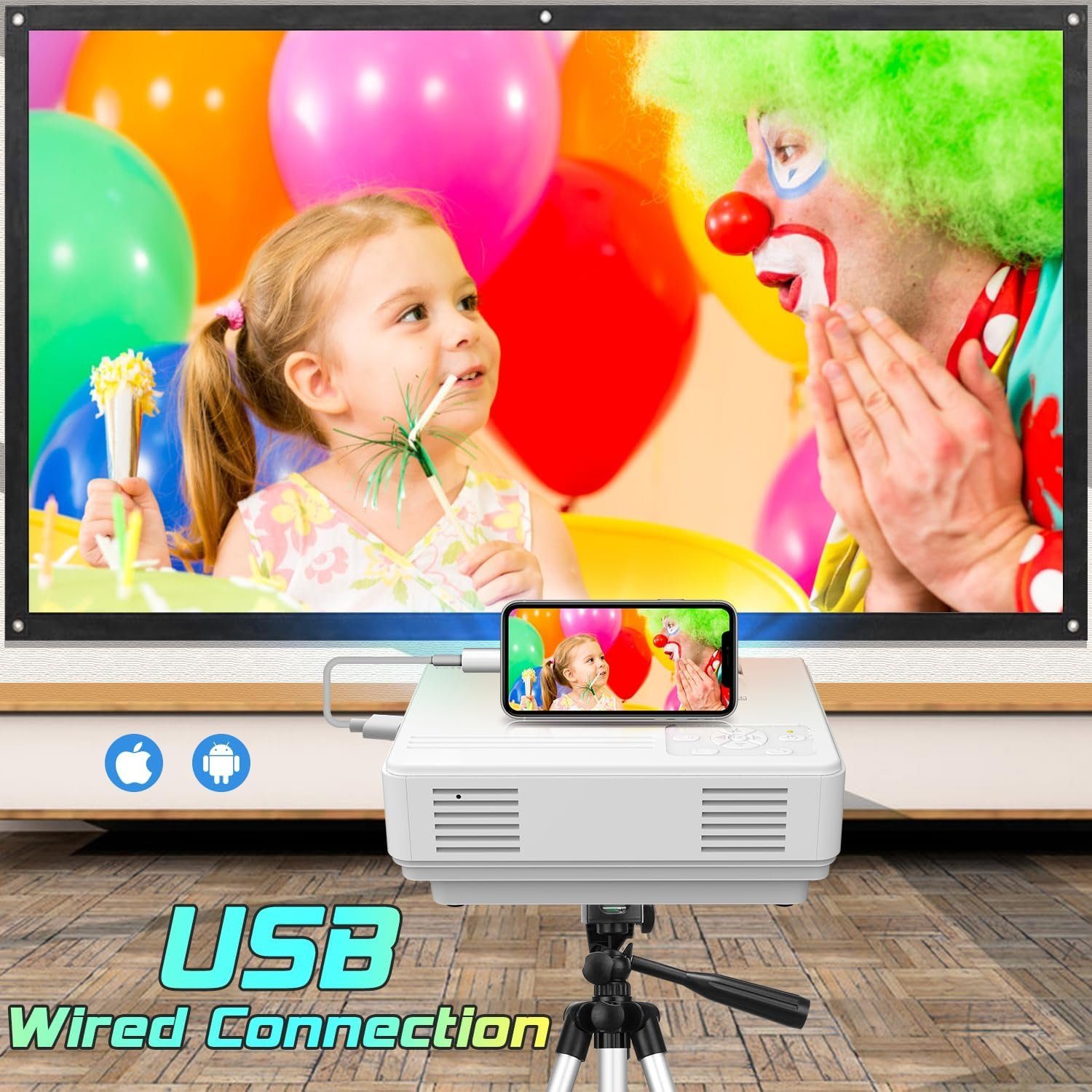 YOOYAA Full HD Unterstützt, Video Portabler Projektor (8500 lm, 1920 x 1080 px, Heimkino Beamer für Handy Phone, Tablet/Laptop/PC/TV-Box, HDMI, USB)