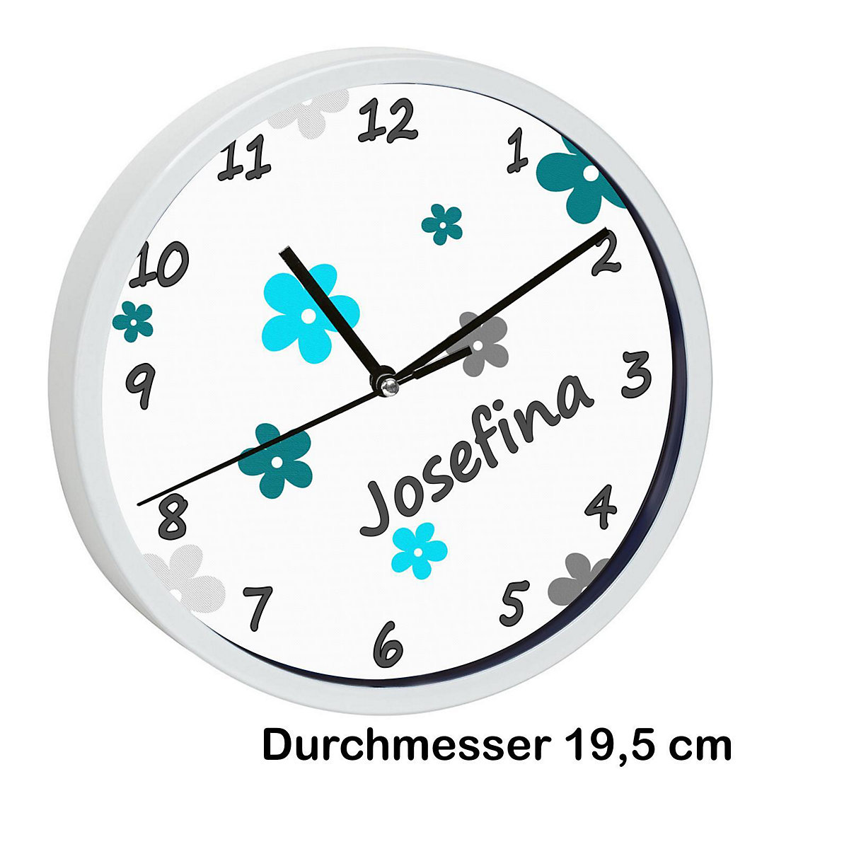 Kinder Wanduhr laufruhig personalisiert mit Name Blumen Türkis