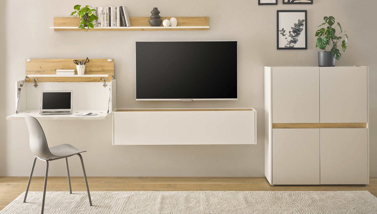 Furn.Design Wohnwand Center, (Wohnzimmer Set in weiß mit Wotan Eiche, 4-teilig, Breite 370 cm), integrierter Sekretär