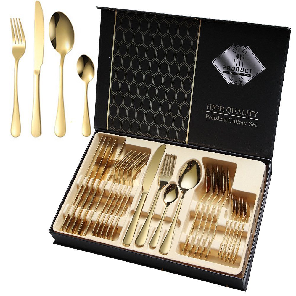 AKKEE Besteck-Set Cutlery Set 24-teiliges Besteckset Set Golden Besteckset, für 6 Personen, Messer und Gabel Set, Tafelbesteck