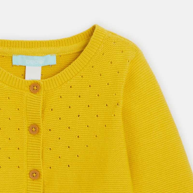 Gilet maille tricot effet pointelle jaune bébé fille