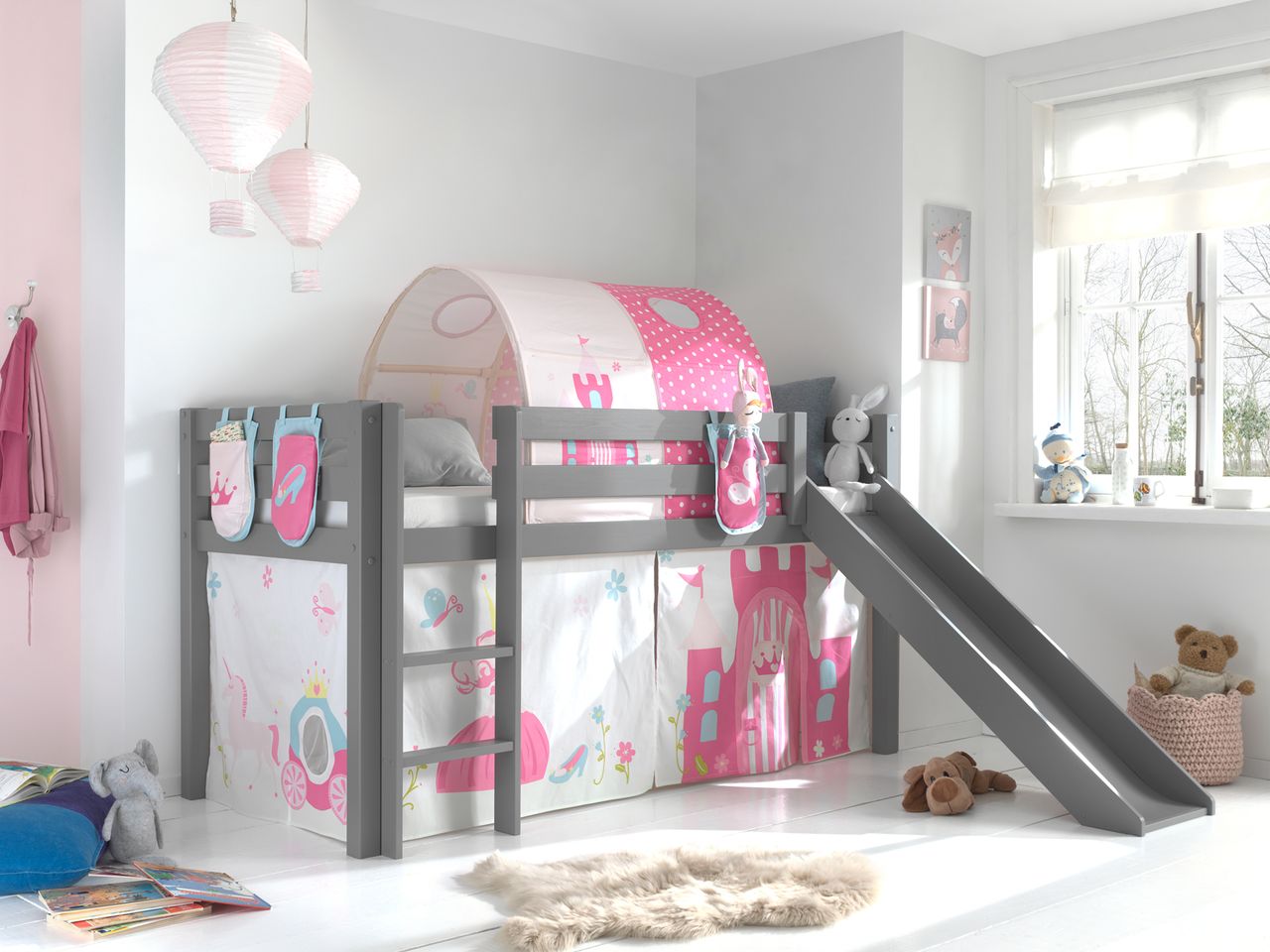 VIPACK Spielbett Pino inkl. Rutsche mit Textilset Vorhang, Tunnel und 3 Taschen 