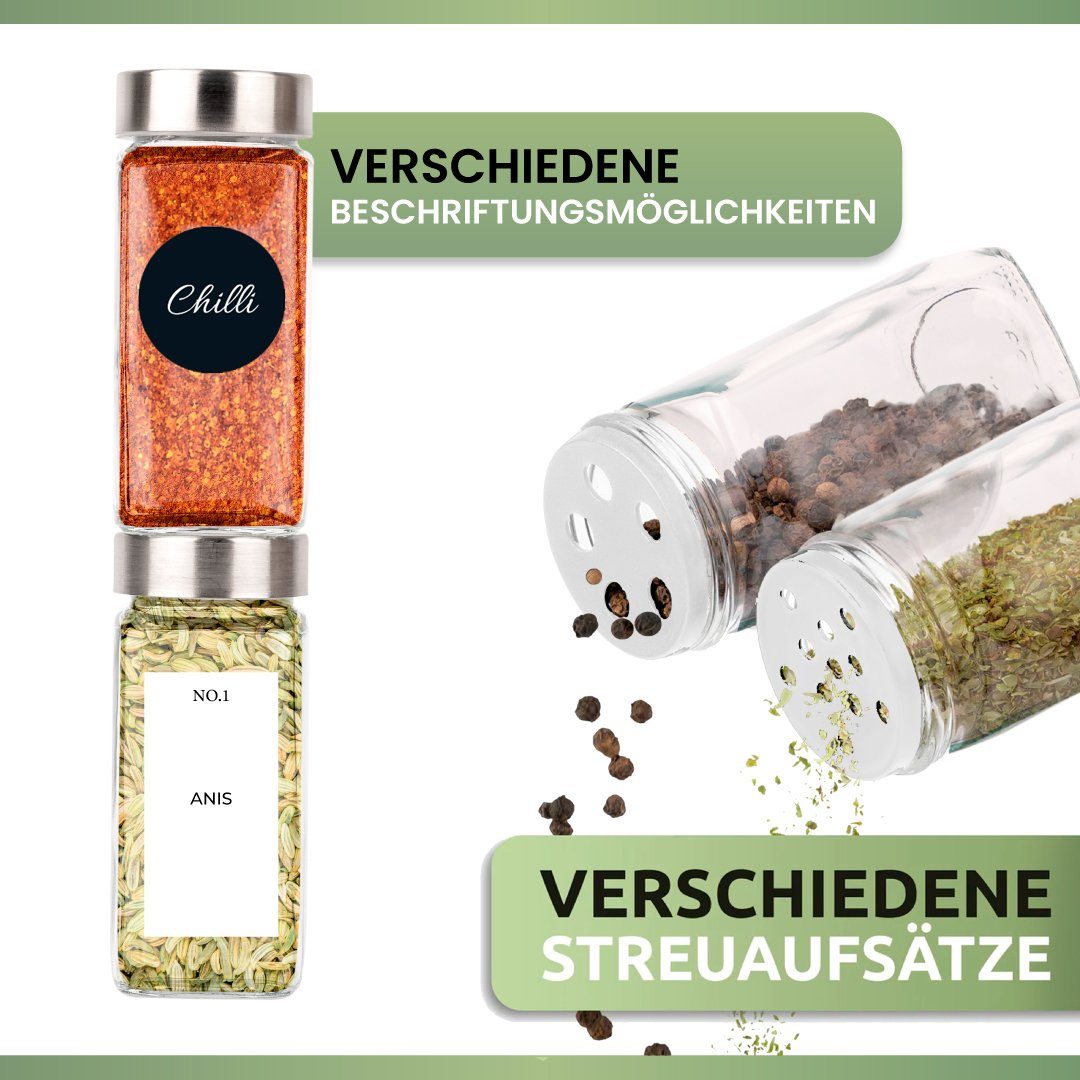 PORADA Gewürzbehälter Gewürzstreuer 120 ml Edelstahl Deckel x172 Etiketten Stift & Trichter, (Set, 24-tlg., 24x Gewürzstreuer 120ml, 120x Aufkleber vorgedruckt, 52x Aufkleber Blank), platzsparend, Edelstahl, luftdicht, aromenneutral