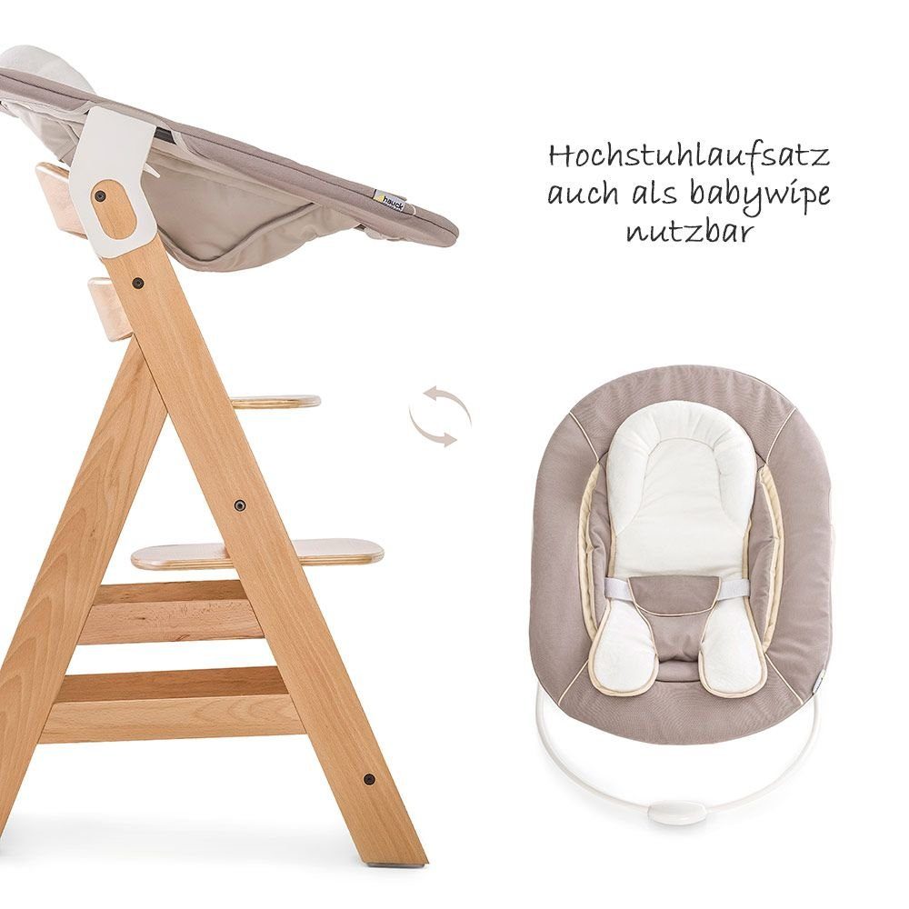 Hauck Hochstuhl Beta Plus Natur - Newborn Set (Set, 5 St), Holz Babystuhl ab Geburt, Aufsatz für Neugeborene, Sitzauflage, Tisch