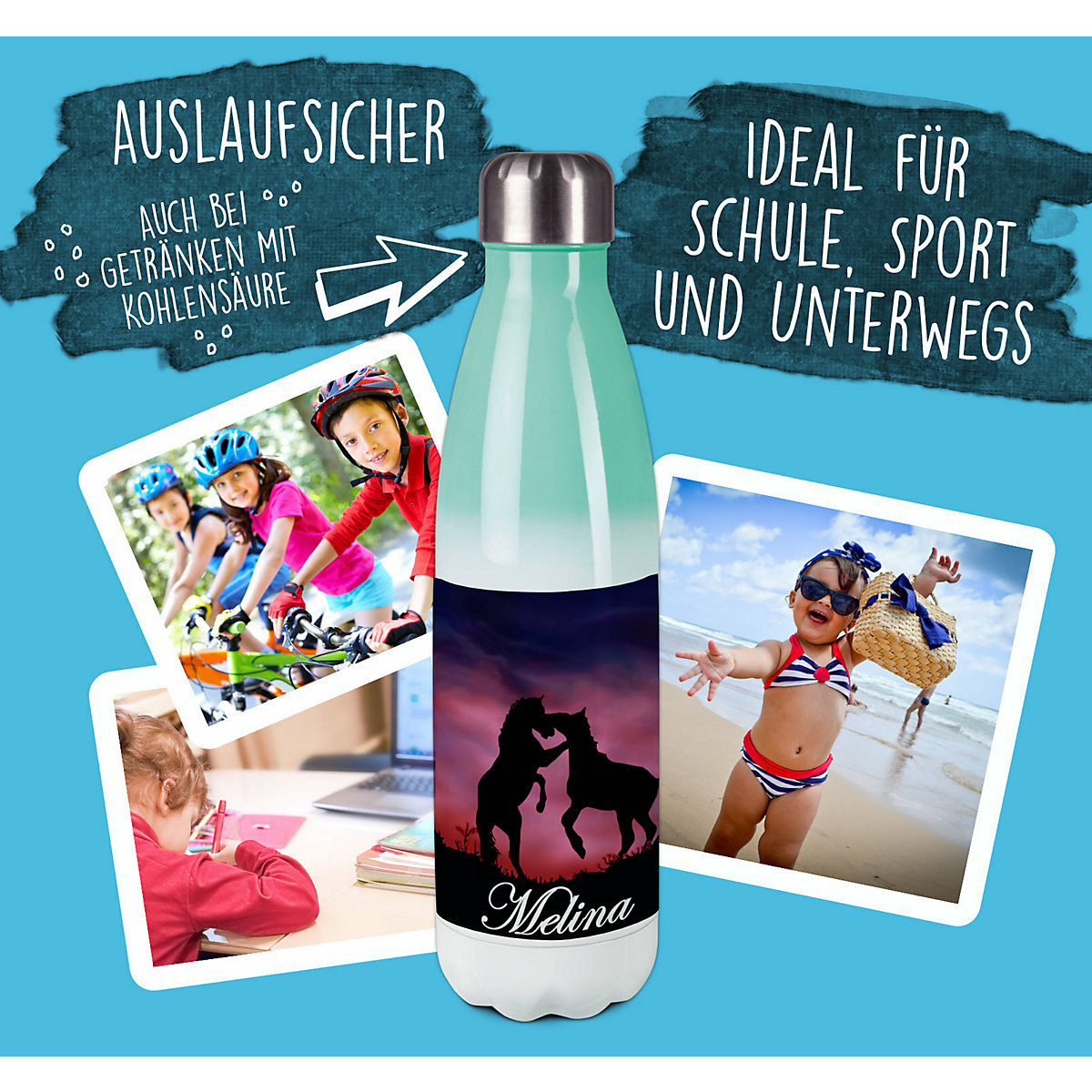 Edelstahl Kinder Thermoflasche / Trinkflasche bunt Pferde Spülmaschinenfest, Auslaufsicher, Bruchfest, Doppelwandig, Für Heißgetränke geeignet, Mit Deckel, Isoliert