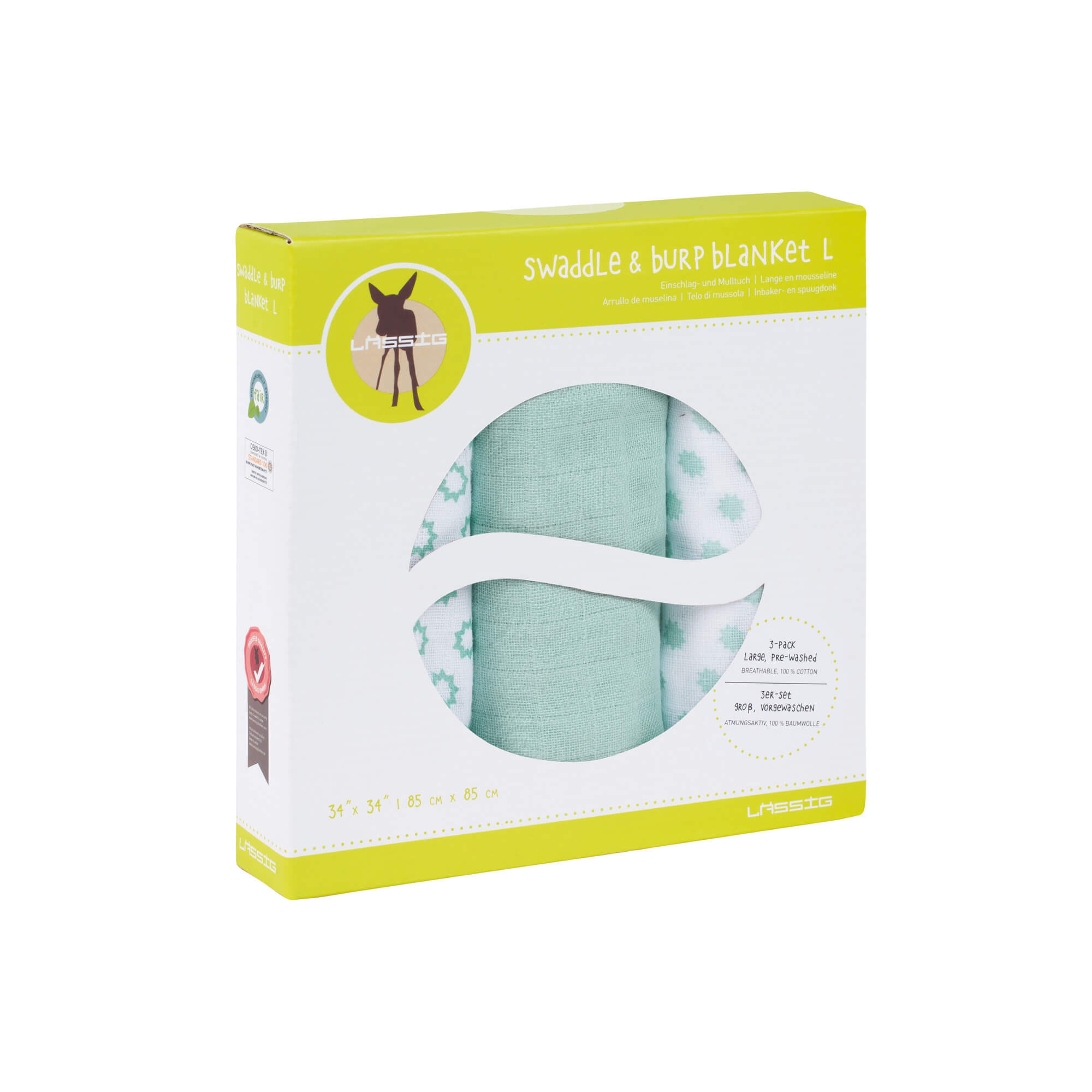 Mulltücher (3 Stk) - Swaddle & Burp Blanket L, Little Chums Stars Light Mint