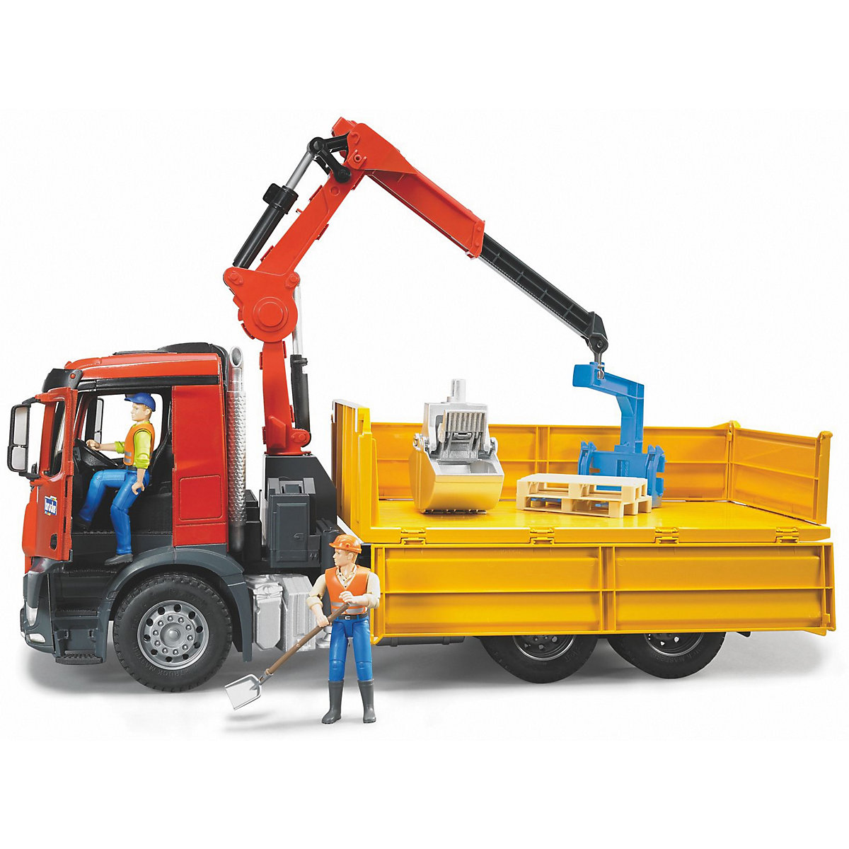 Bruder 3651 Profi-Serie MB Arocs Baustellen-LKW mit Kran, Schaufelgreifer, Palettengabeln und 2 Paletten 1:16
