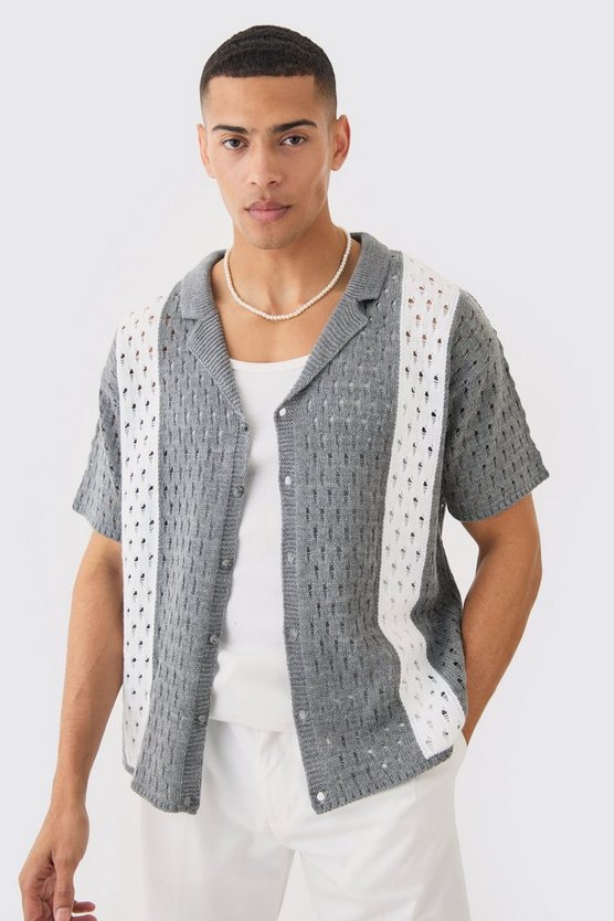 Kastiges gestreiftes Oversize Strick-Hemd in Grau