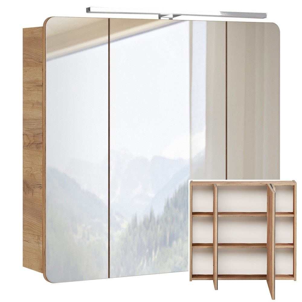 Lomadox Badmöbel-Set LUTON-56, (5-St), weiß mit Wotan Eiche Nb. mit LED-Spiegelschrank 130/200/46 cm