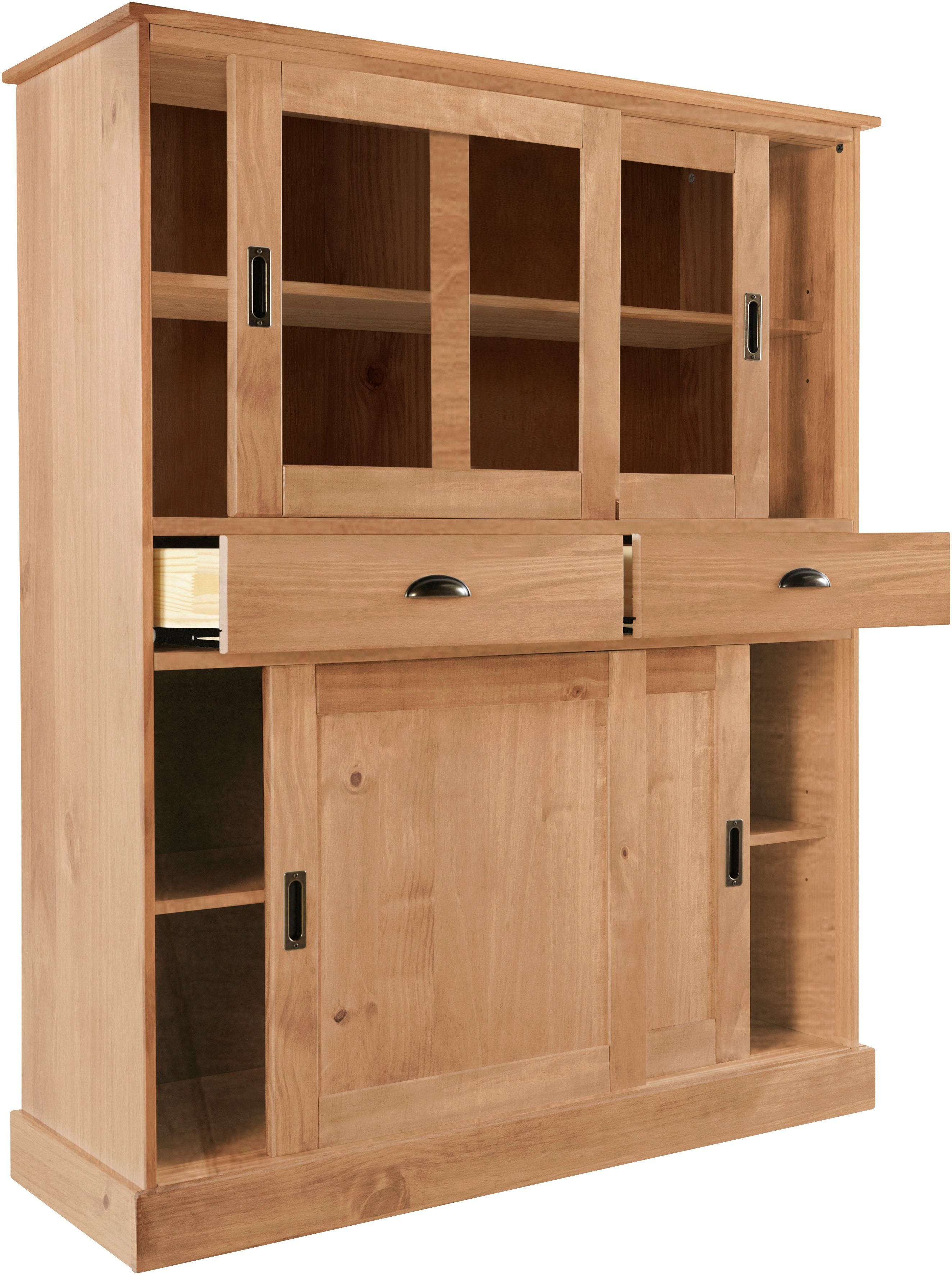 Home affaire Highboard Schröder, mit 2 Glas- u. 2 Holztüren, 2 Schubkasten, aus massivem Kiefernholz