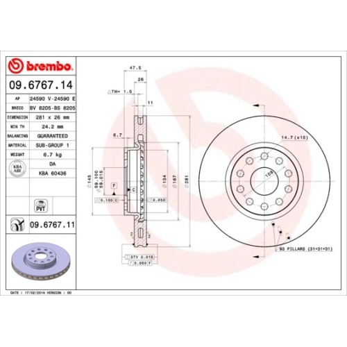 Bremsscheibe Brembo Vorderachse  2 Stück 09.6767.11 - ATU