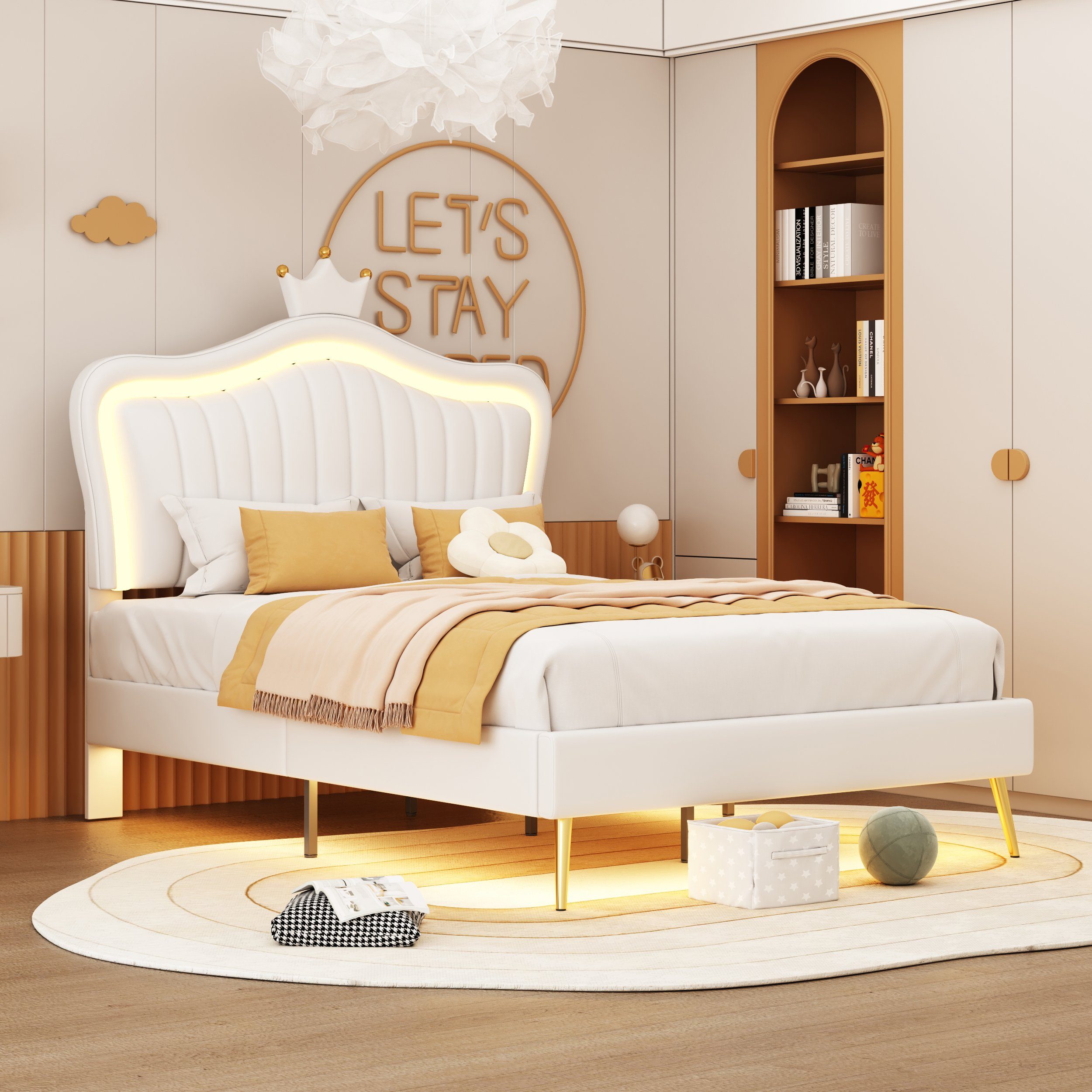 HAUSS SPLOE Polsterbett Polsterbett Funktionsbett Bettrahmen KInderbett (Bettgestell für Mädchen, weißes Kronen-Doppelbettgestell aus Leder, mit LED-Leuchten, Lattenrost und Rückenlehne 90 x 200 cm)