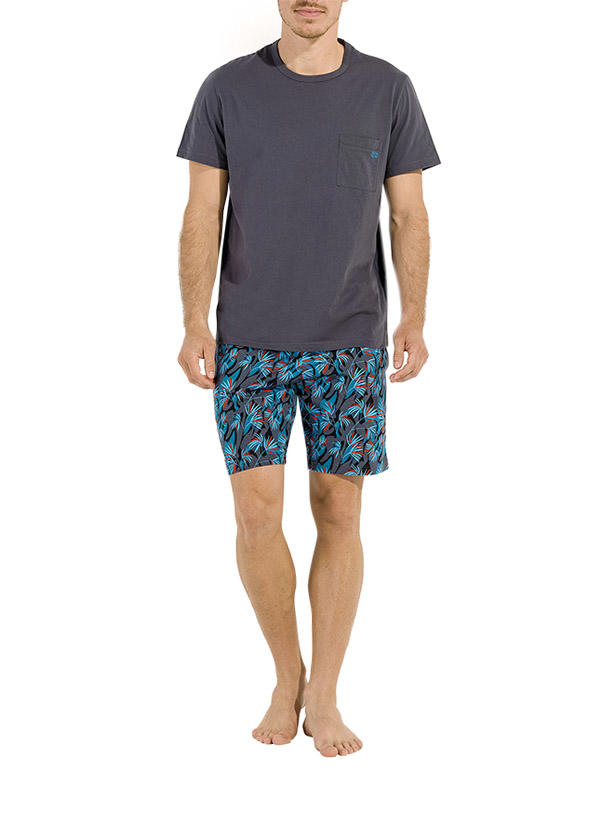 HOM, Pyjama, Baumwoll-Jersey, dunkelgrau-türkis gemustert
