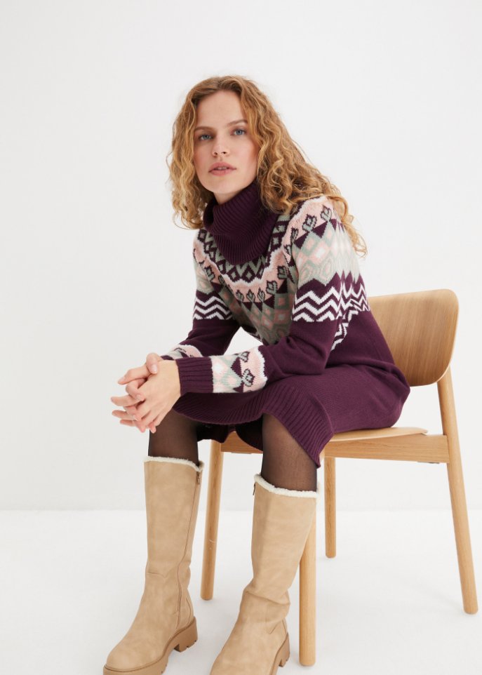 Strickkleid mit Norwegermuster und weitem Rollkragen, kniebedeckend