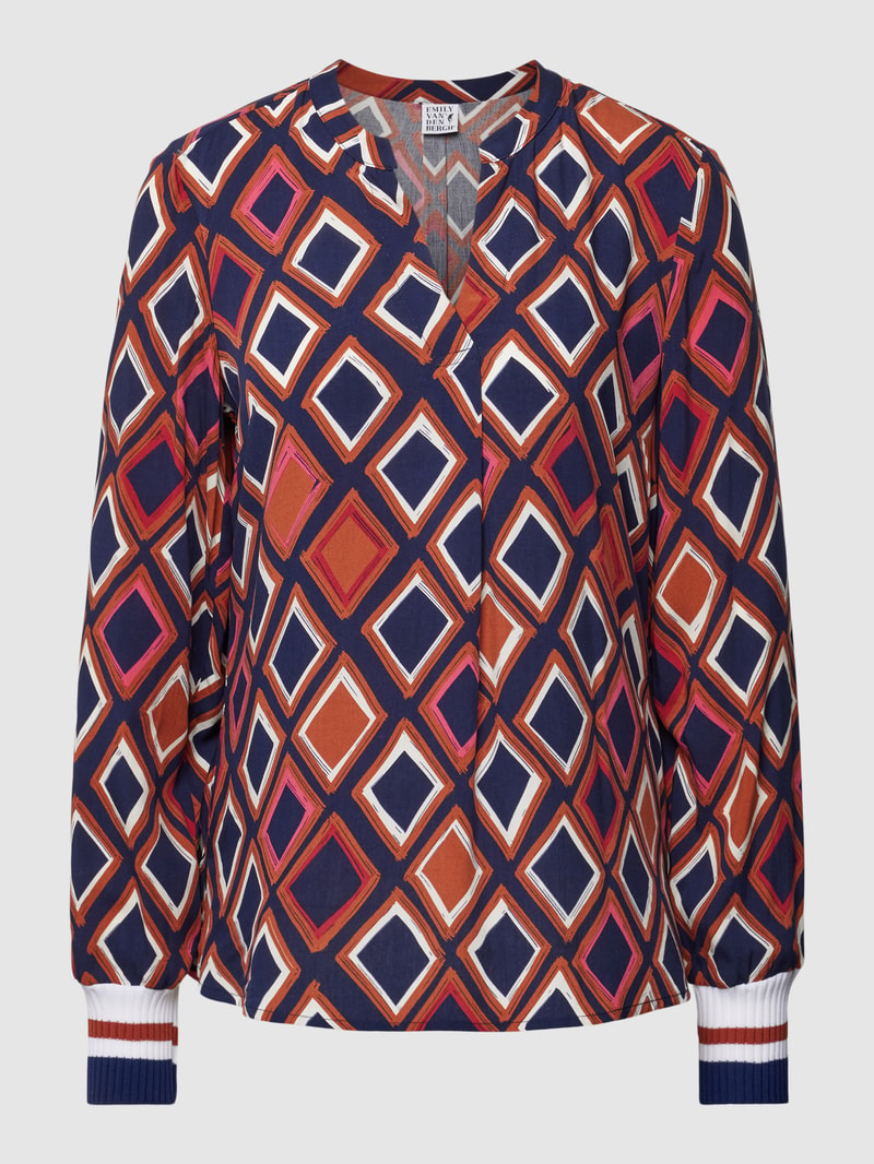 Blusenshirt mit Allover-Muster und gerippten Ärmelabschlüssen in marineblau