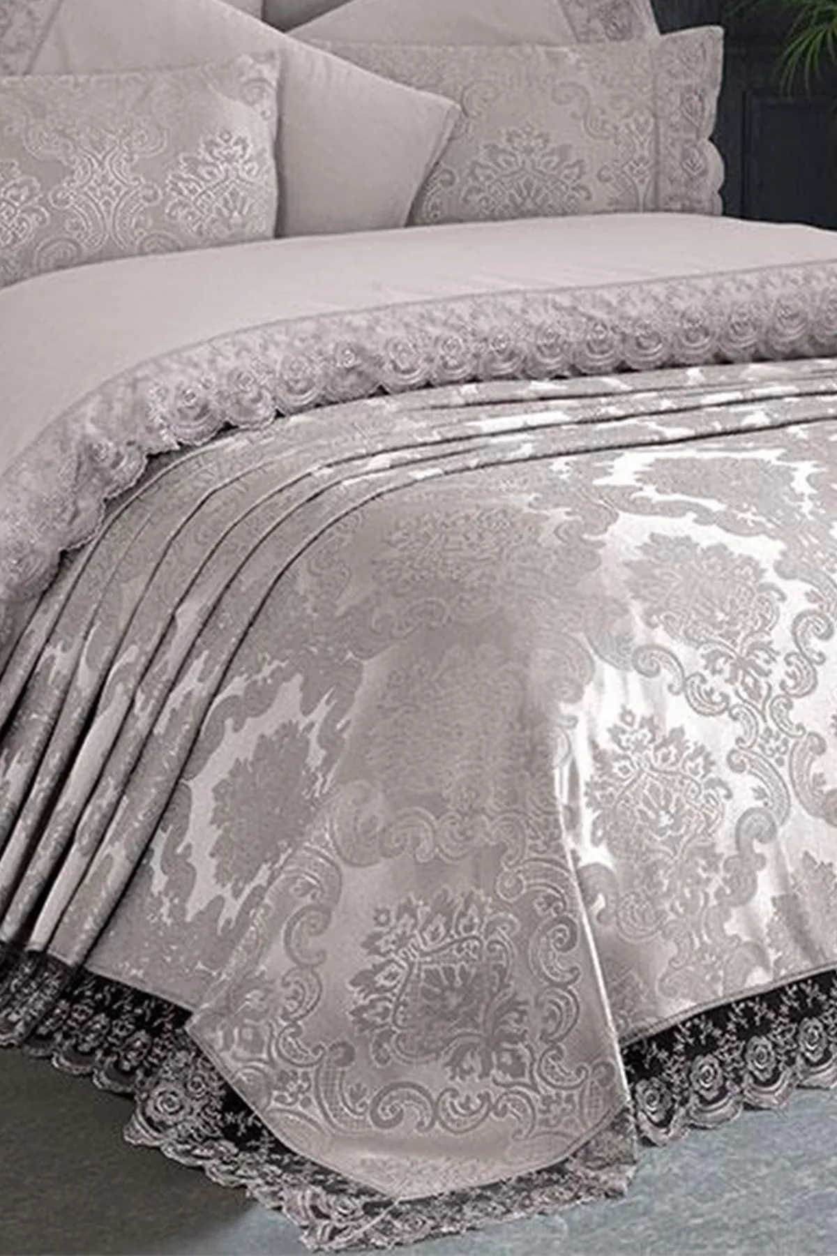 Çeyiz Diyarı  Französisches Spitzen-Kure-Brautset, 7-teilig, Grau