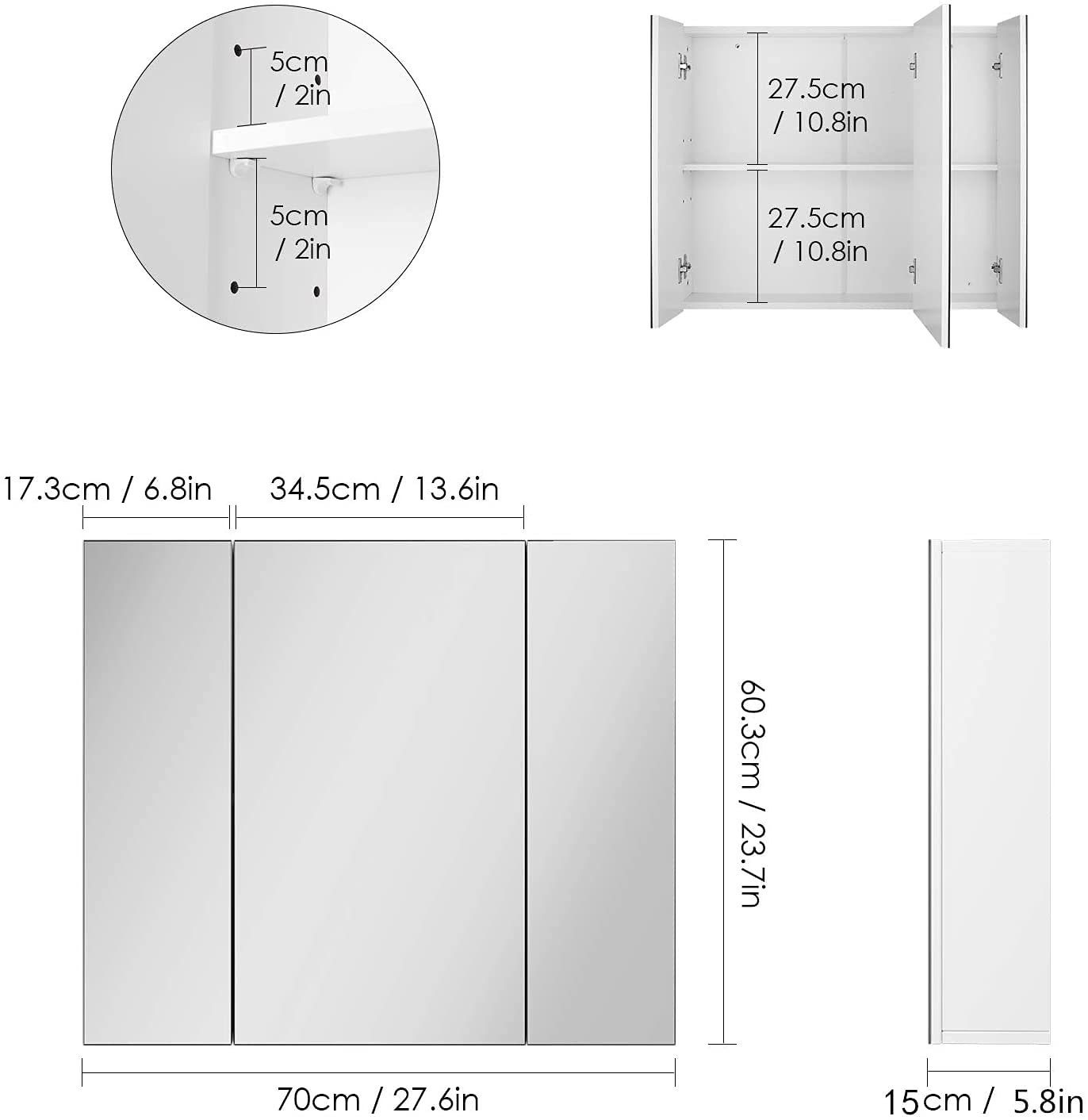 Homfa Spiegelschrank Badezimmerschrank mit 3 Türen, Weiß, 70x60x15cm, Holz