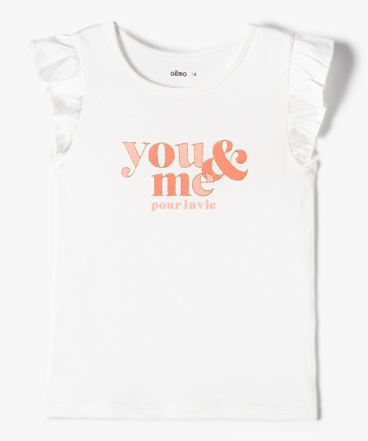 Tee-shirt fille avec inscription pailletée et volants sur l... ecru | GEMO