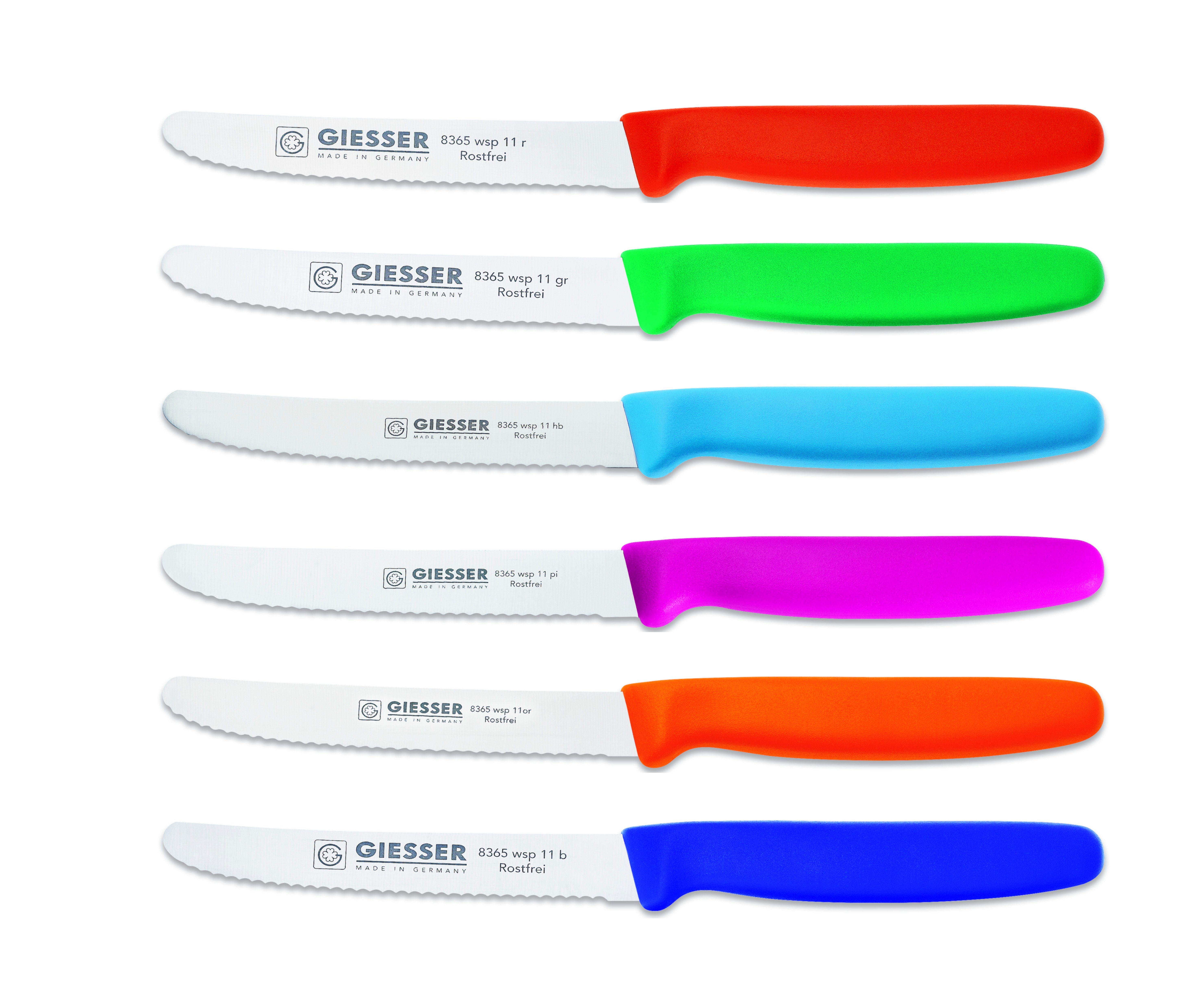 Giesser Messer Tomatenmesser Brötchenmesser 8365 wsp 11-6, 6er Set bunt gemischt; 3mm Wellenschliff; extrem Scharf